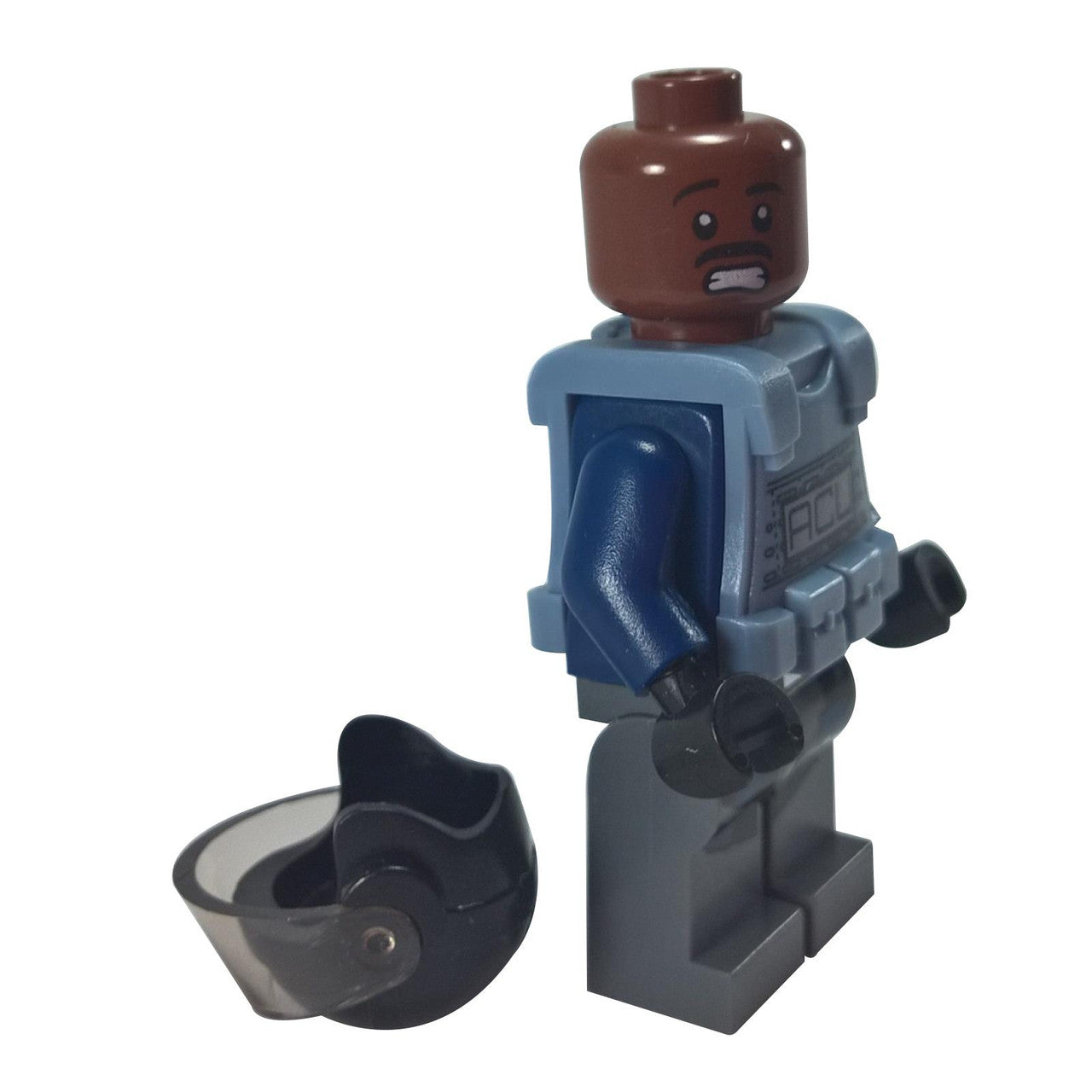 LEGO ACU Trooper, reddish brown head, sand blue vest, side view