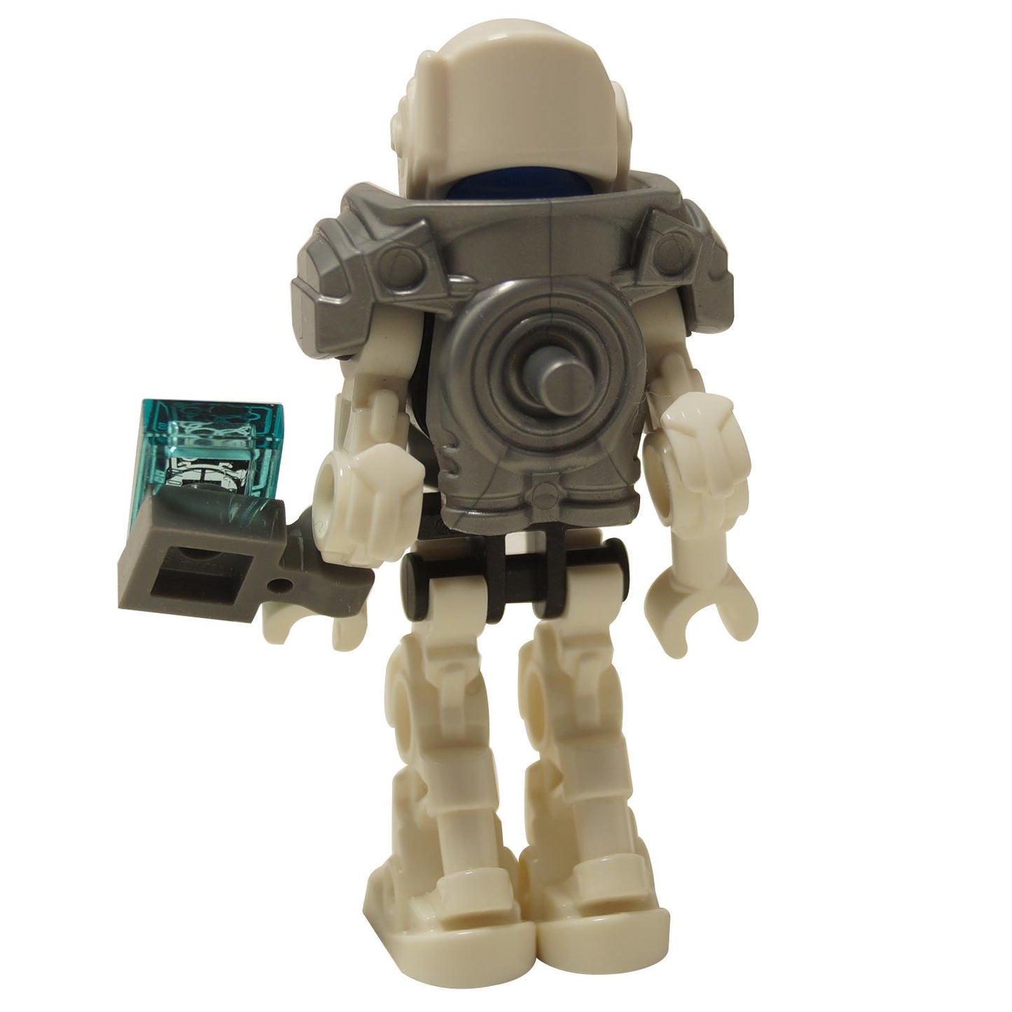 LEGO® Hero Factory Mini – Stormer con Datapad (hf002) vista trasera, mostrando detalles de la armadura trasera gris y el datapad adjunto en la mano derecha. Mostrado sobre un fondo blanco.
