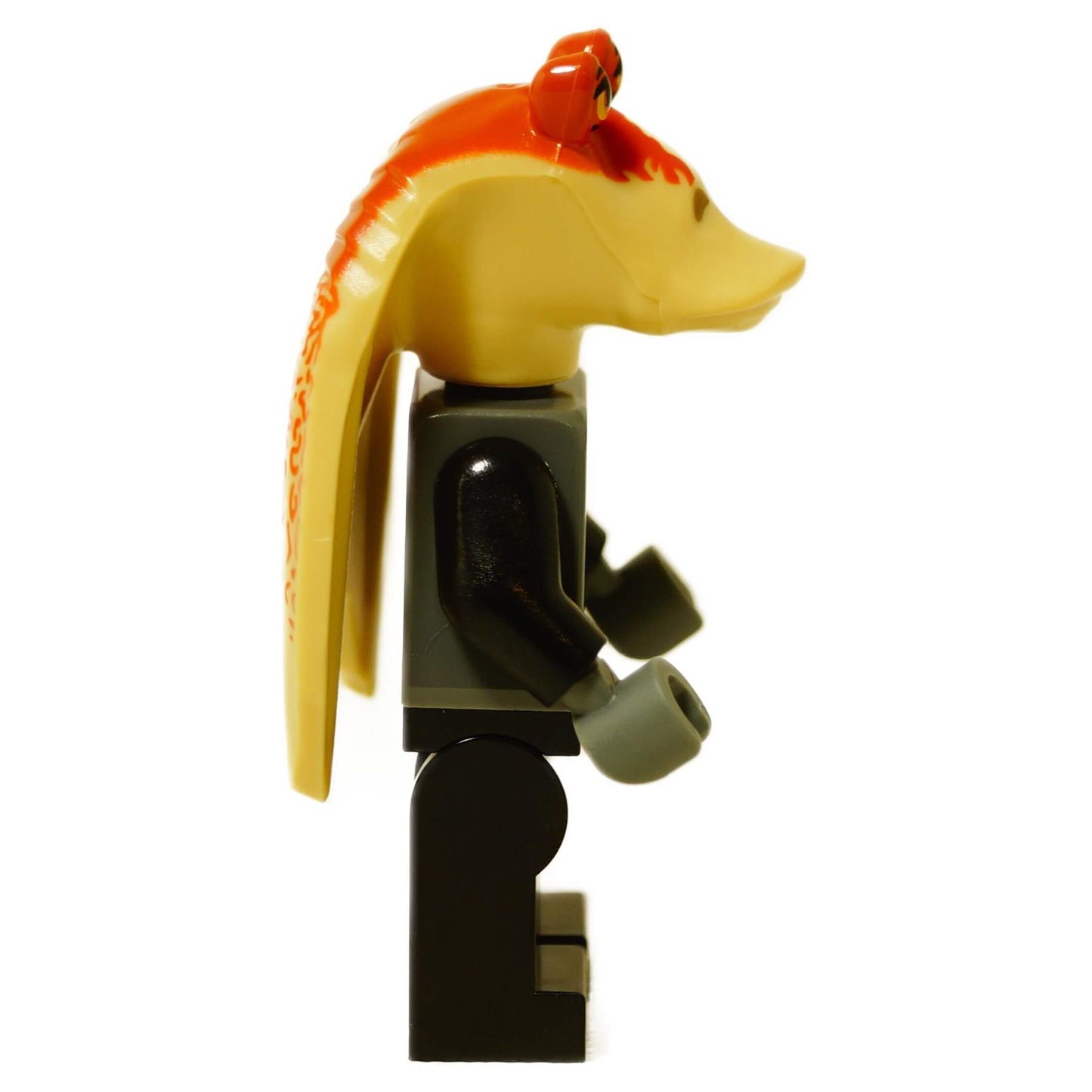Seitenansicht der LEGO® Star Wars Darth Jar Jar™ Minifigur (sw1367), die die verlängerte tanfarbene Kopfstruktur mit roten Markierungen und schwarzen Armen hervorhebt.