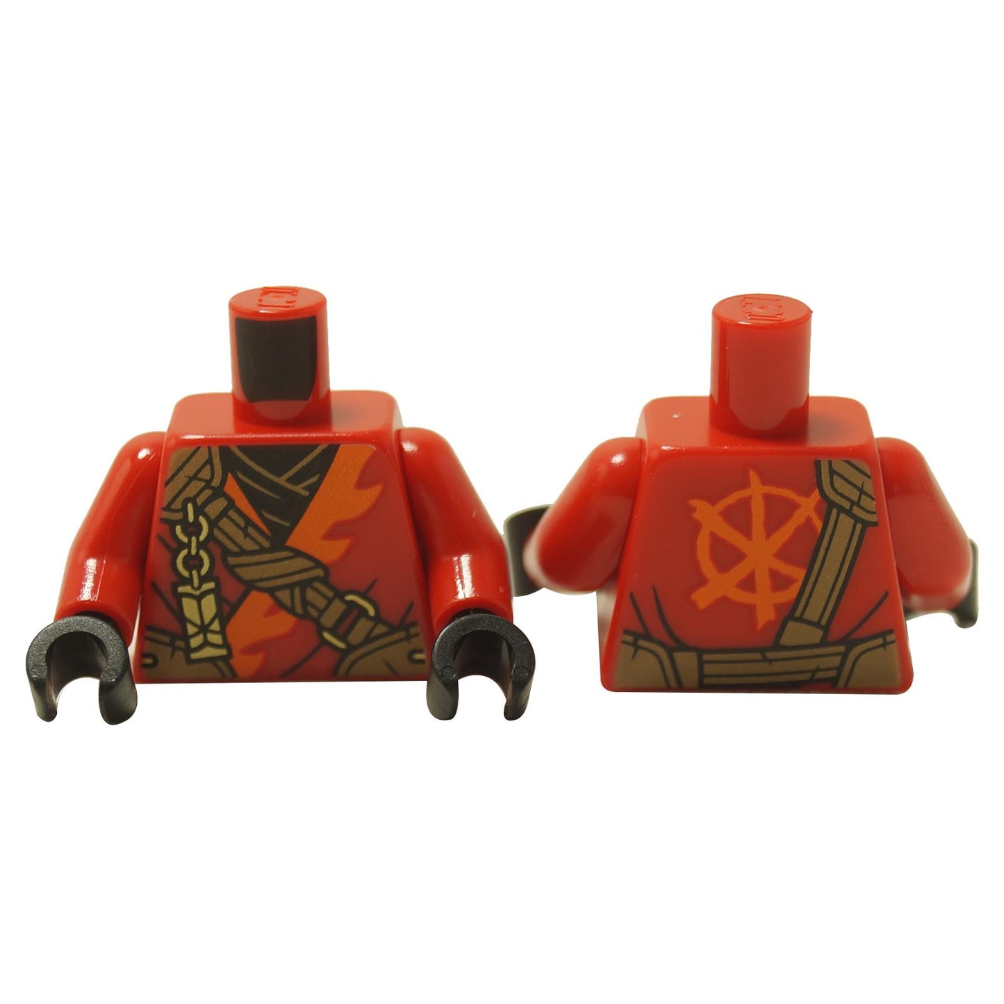 LEGO® NINJAGO red torso with printed flames, chains, and strap on the front, and orange “K” symbol with strap detail on the back.