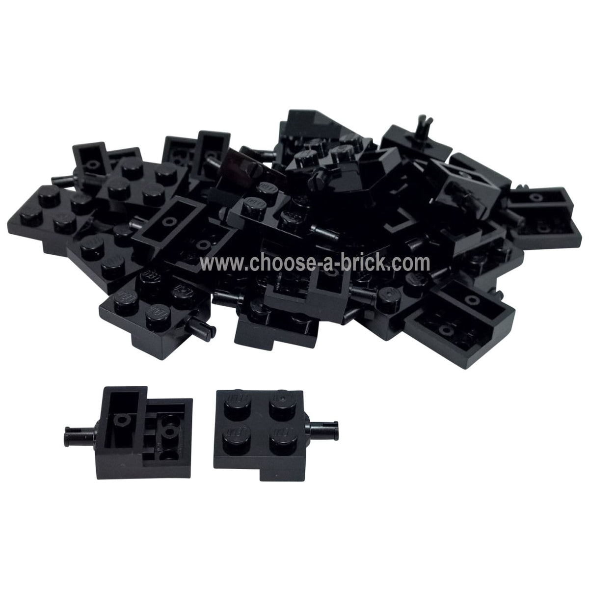 LEGO® Platte, modifiziert 2 x 2 mit Radhalter (4488) in schwarz, zeigt oben, unten und Verbindungsstellen.