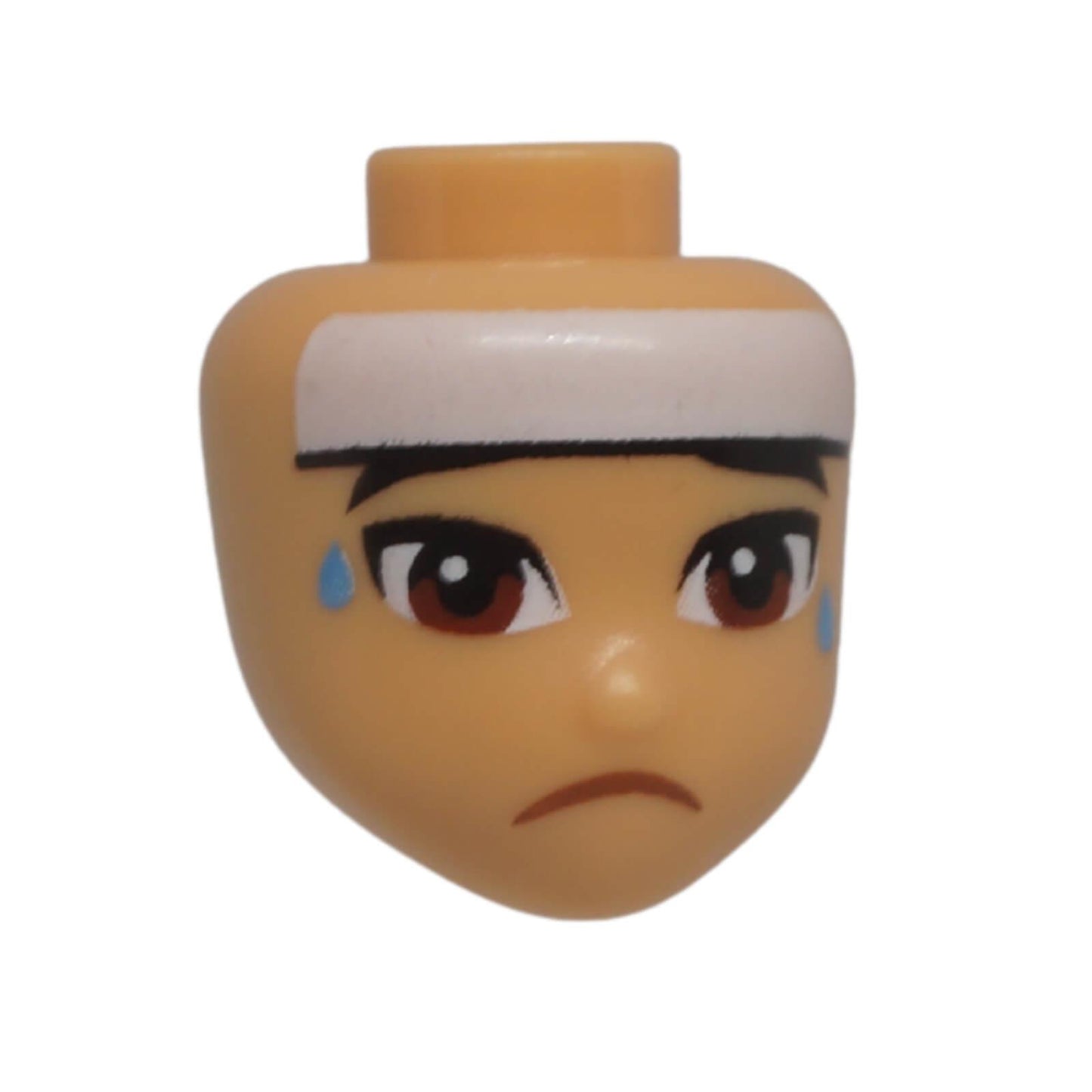 Front view of LEGO® Friends mini-doll head 103393 with white headband, blue sweat drops and a frowning expression