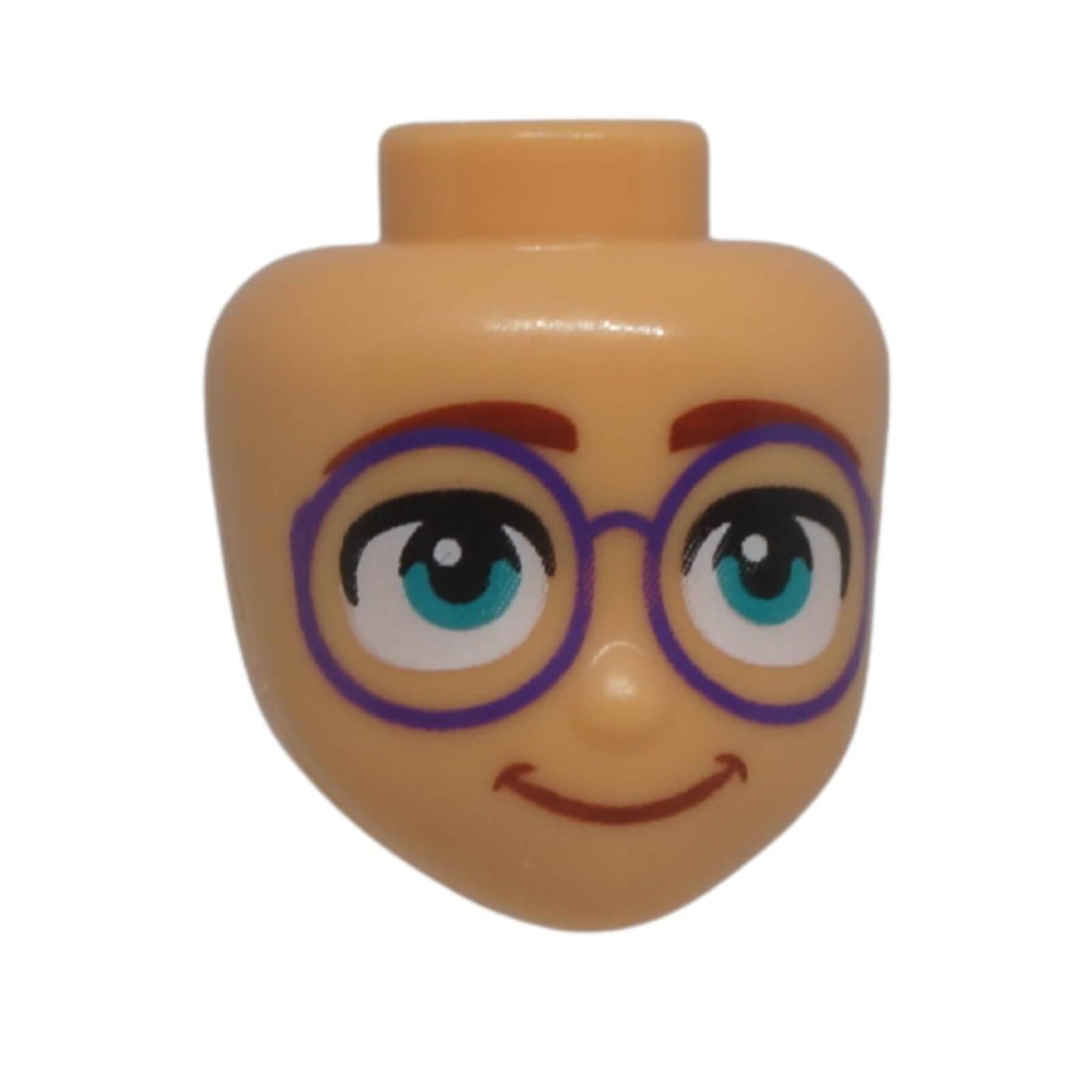 Front view of LEGO® Friends mini-doll head 107120 with dark purple round glasses, dark turquoise eyes and a closed-mouth smile