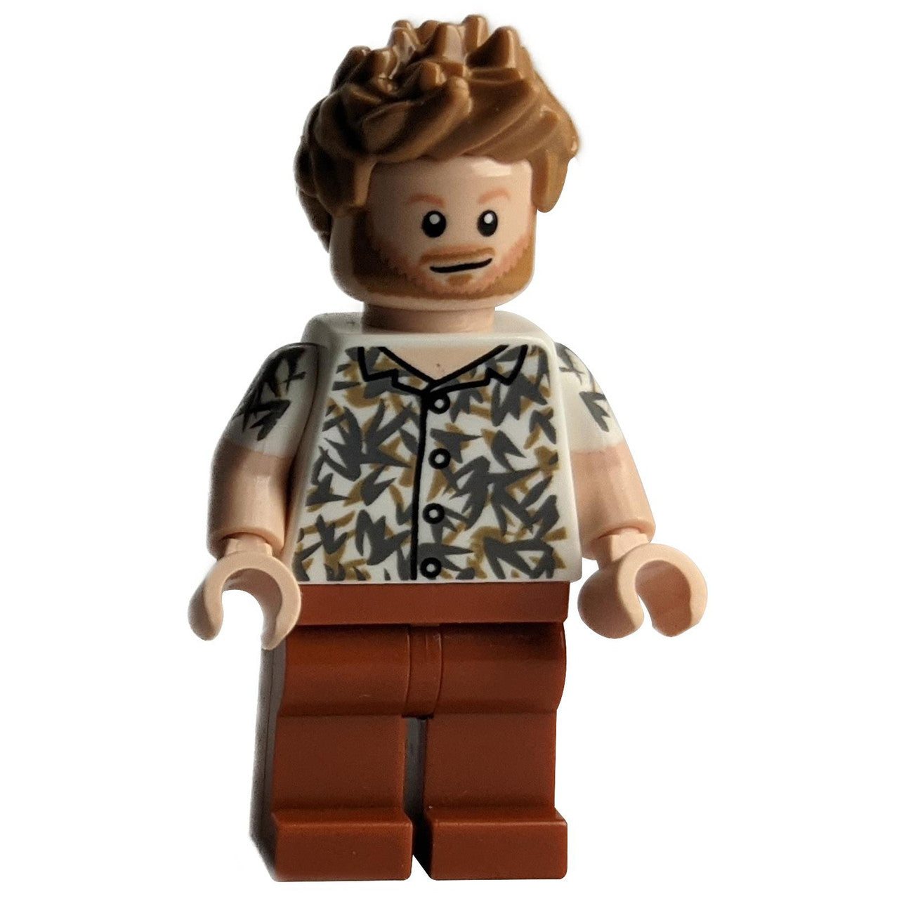 LEGO Bobby Berk minifigure, front view, patterned shirt and brown pants.