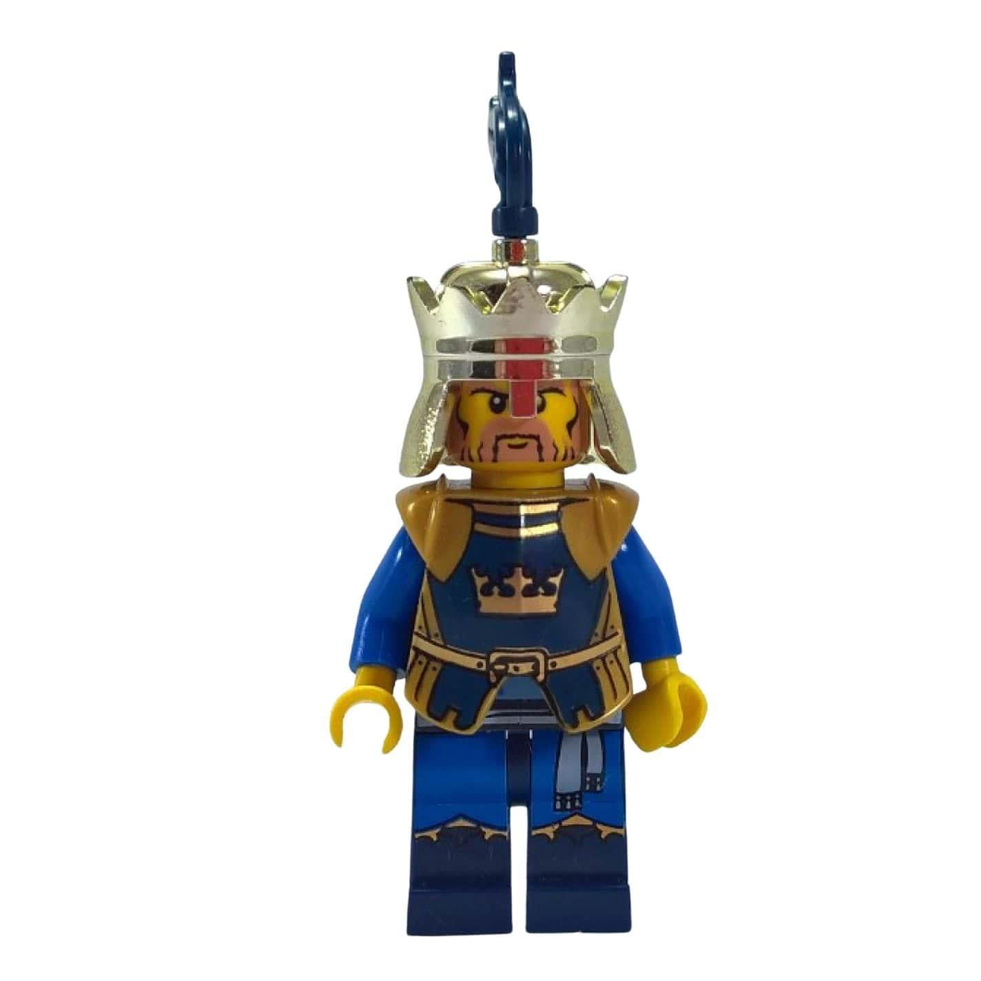 LEGO Castle Fantasy Era King minifigure cas425 with chrome gold crown helmet and dark blue plume.