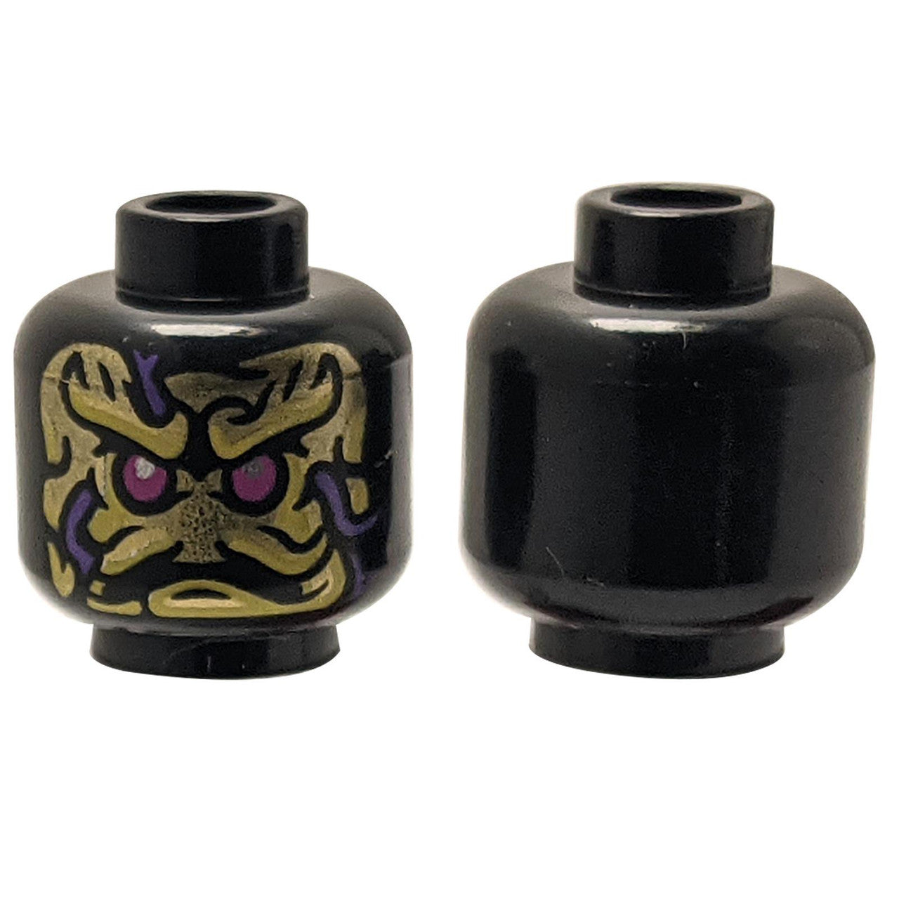 LEGO Black Alien Head, magenta eyes, front and back views