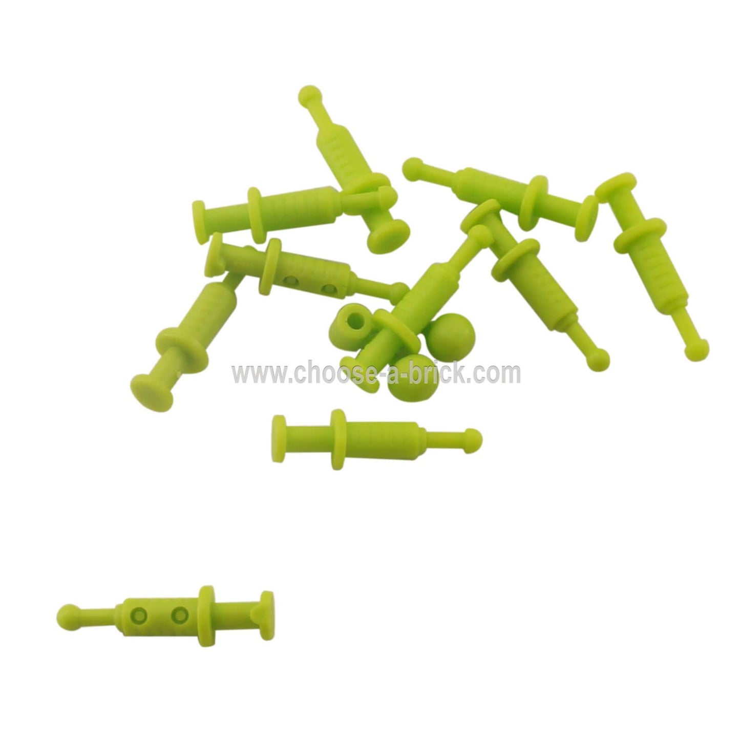 Group of lime green LEGO minifigure syringe accessories (53020) scattered on a white surface.