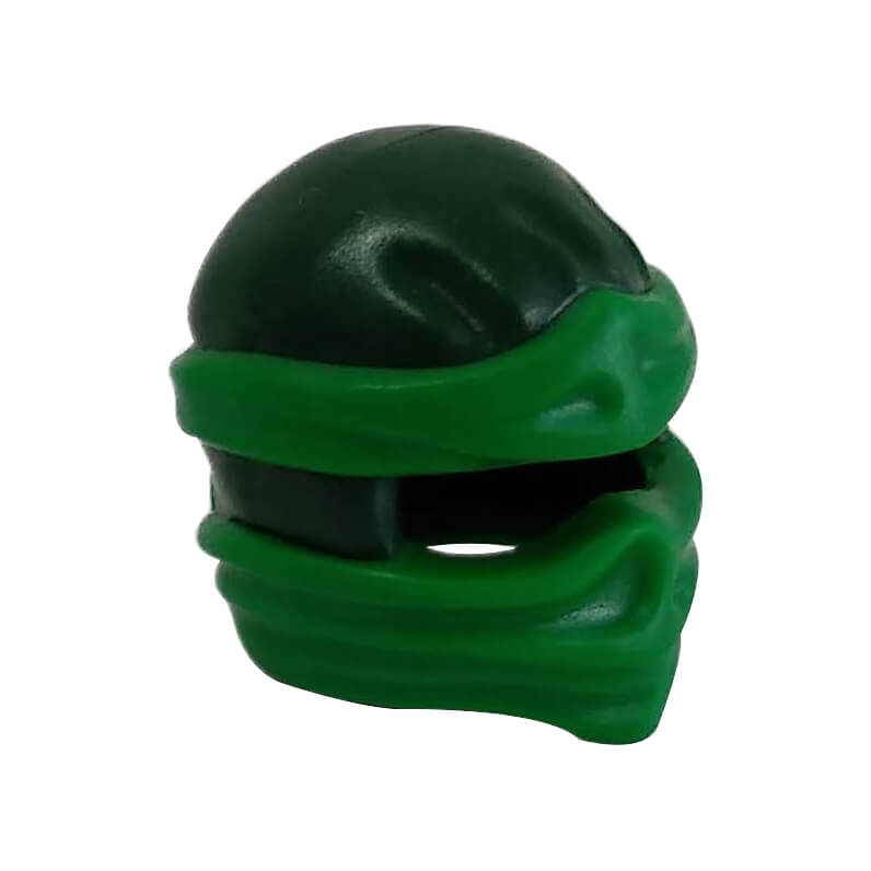 Angled front view of dark green LEGO® NINJAGO headgear 19857pb05 with green wrap details and side knot