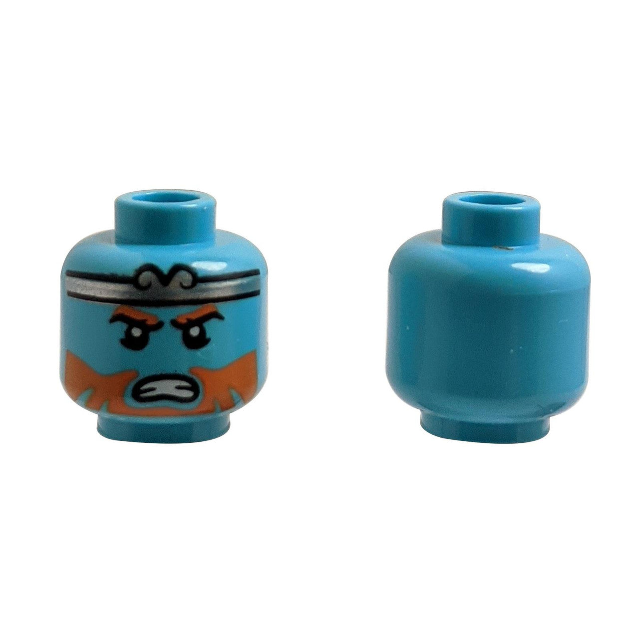 Minifigur, Kopf mit orangefarbenen Augenbrauen und Bart, silbernes Stirnband und freigelegte Zähne Muster - Hohler Stud