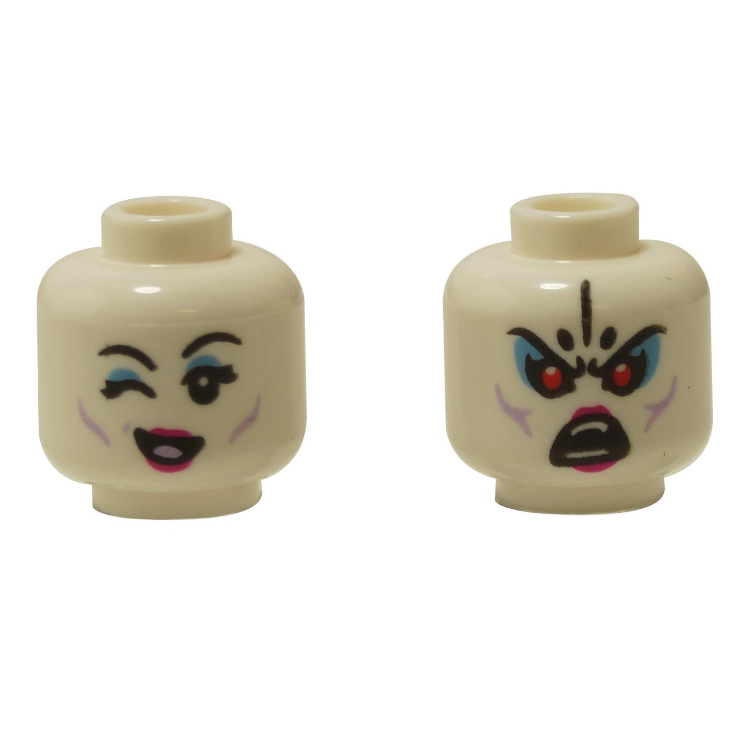 Front and alternate side views of the LEGO® minifigure head (3626pb3498) featuring two expressions — a cheerful winking face with pink lips and blue eyeshadow, and an intense red-eyed angry face with dark markings and purple cheek accents.