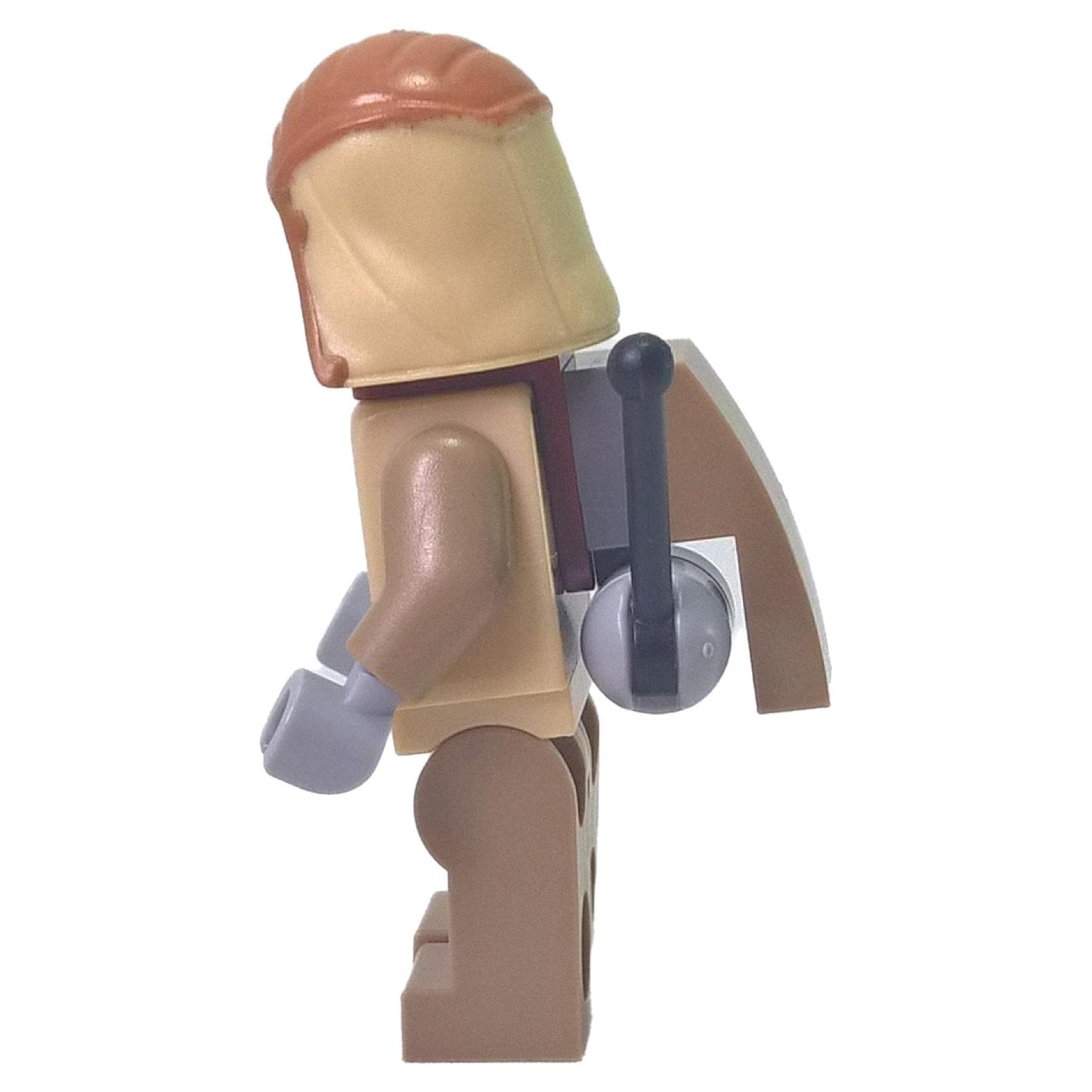 Side view of LEGO Pao minifigure showing his textured brown headgear and grey hands.