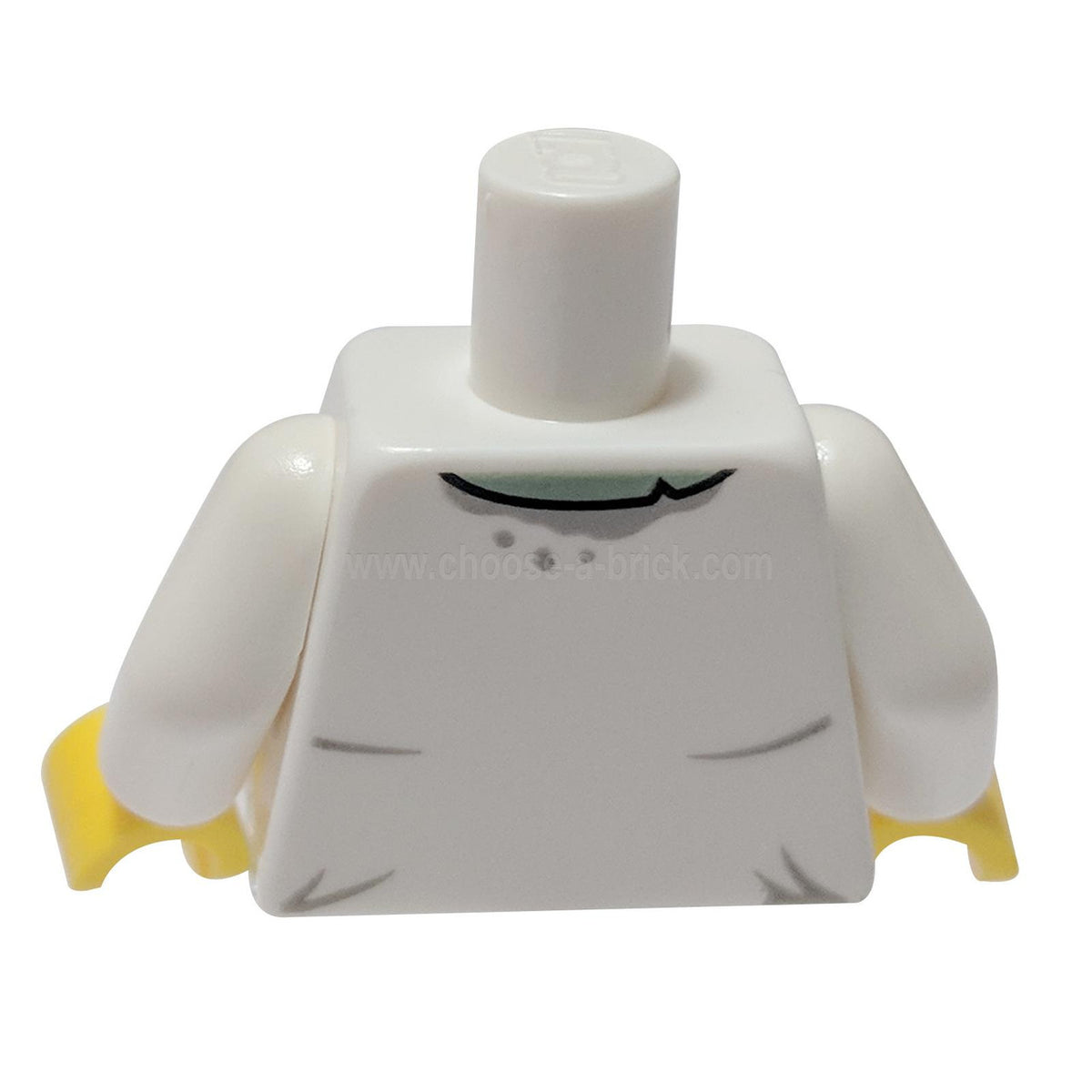 White LEGO torso 973pb3709c01, back view, white arms and yellow hands.