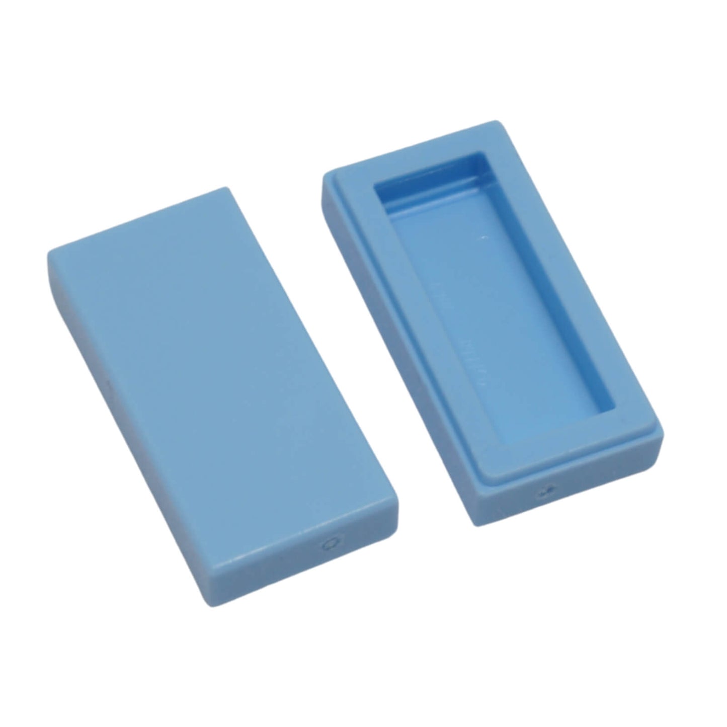 LEGO Tile 1 x 2 part 3069 with smooth rectangular top and recessed underside bright light blue