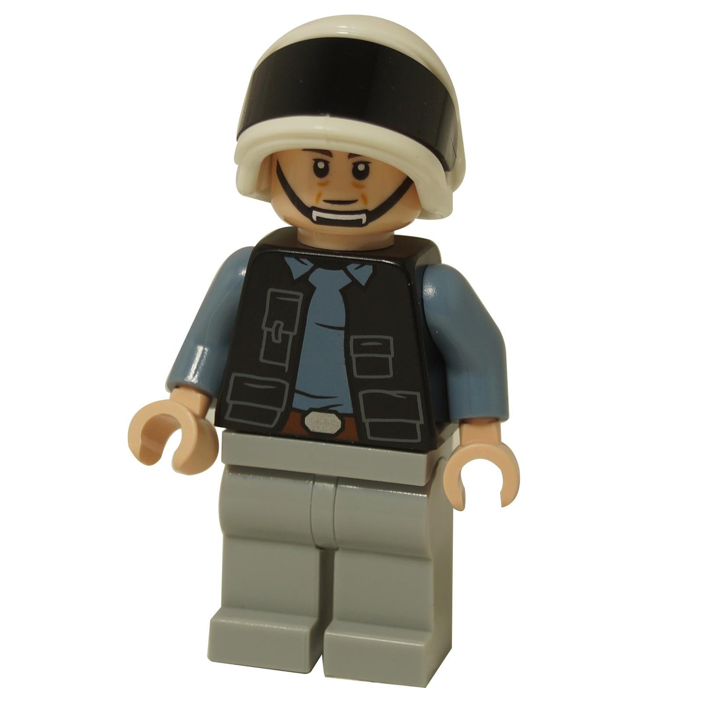 Vista frontal del minifigura del LEGO® Rebel Fleet Trooper (sw1391) con una sonrisa confiada, presentando una impresión detallada del torso de un uniforme azul y chaleco táctico negro.