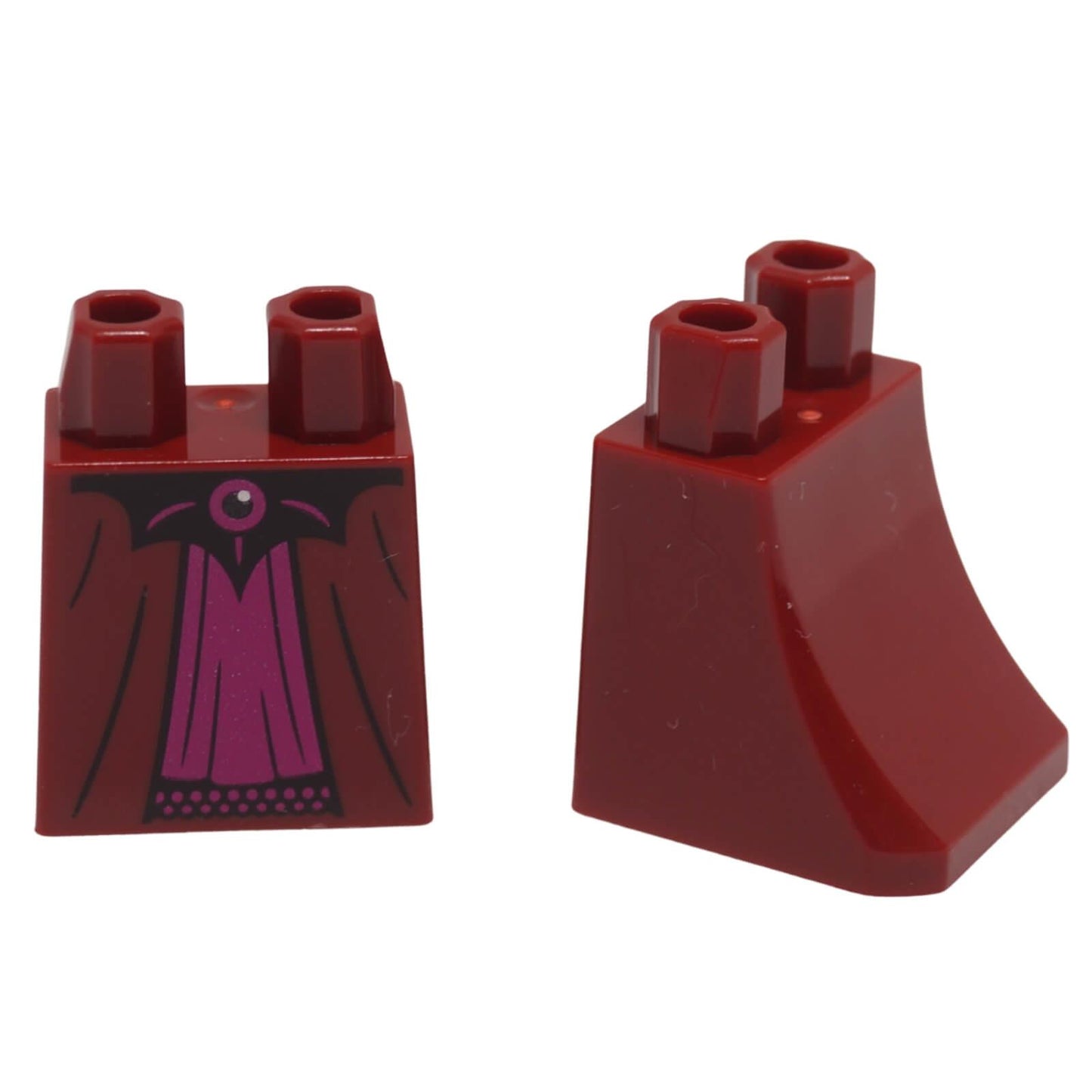 LEGO minifigure skirt 36036pb091 with black trim and magenta robe panel shown from front and rear