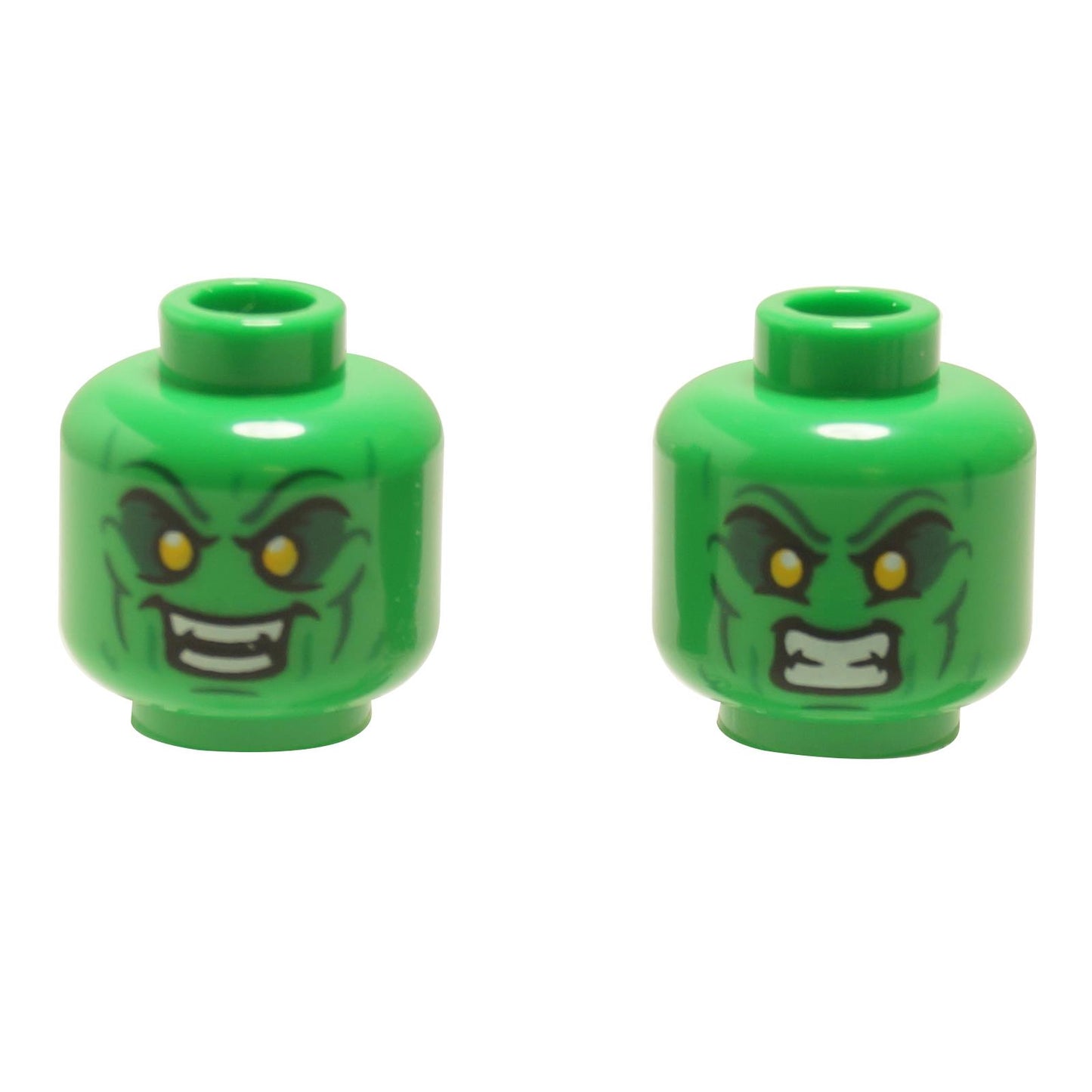 bright green LEGO minifigure heads with angry and snarling expressions, featuring yellow eyes.