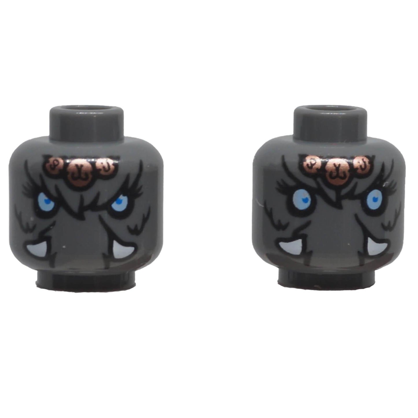 LEGO® dark bluish grey dual-sided mammoth minifigure head with bright light blue eyes, white tusks, fur detailing and copper pendant decoration.