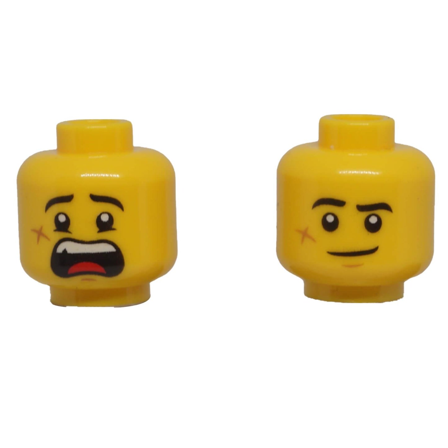 LEGO® classic yellow dual-sided minifigure head with scared expression, relaxed smile and small cheek scar.