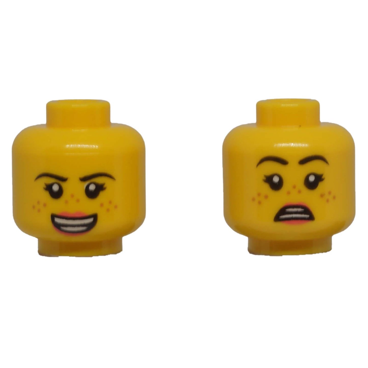 LEGO® classic yellow dual-sided female minifigure head with freckles, smiling expression and surprised reverse face.
