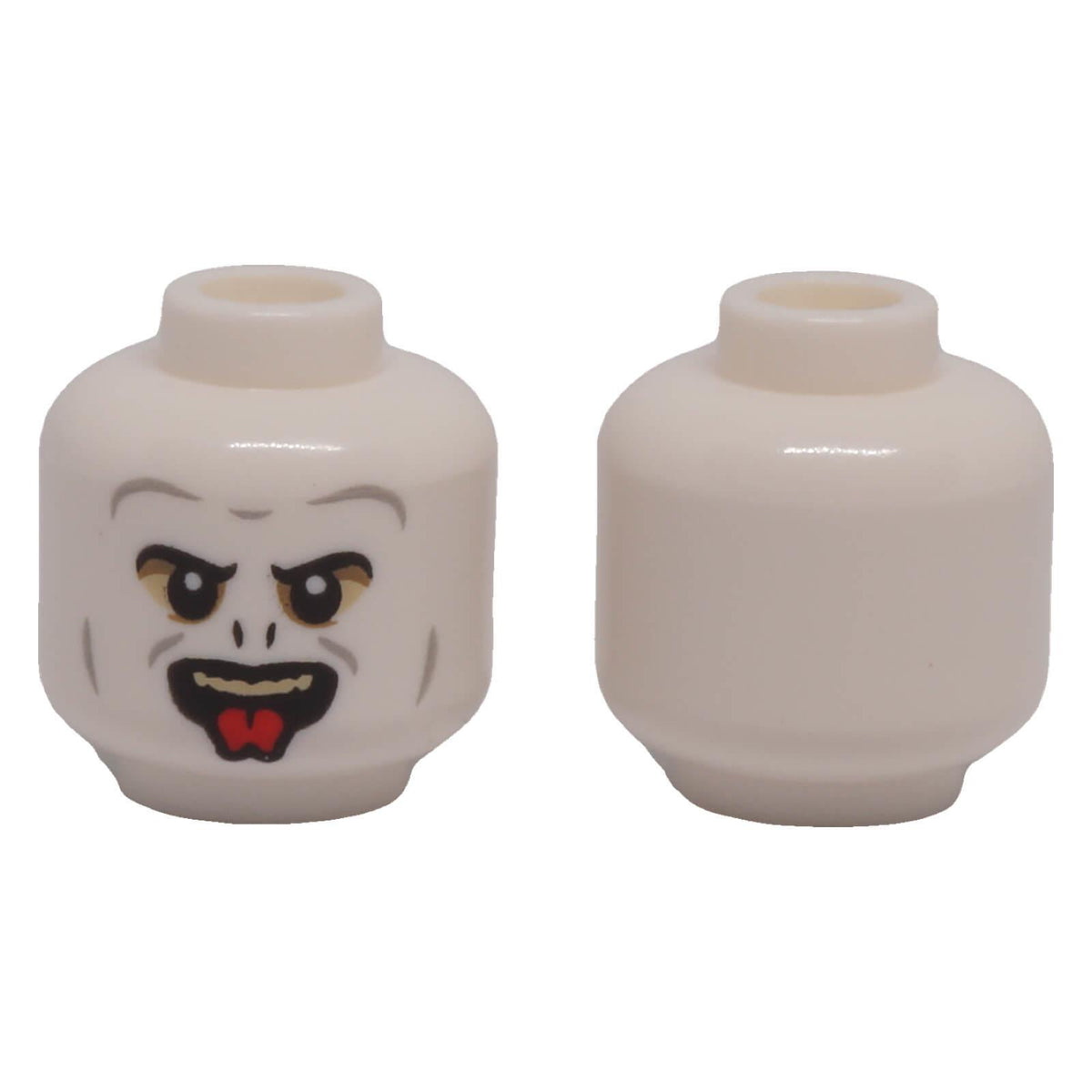 LEGO® 3626pb3107 white Voldemort minifigure head with black eyebrows, nose slits, tan teeth, red tongue and light bluish gray facial contours