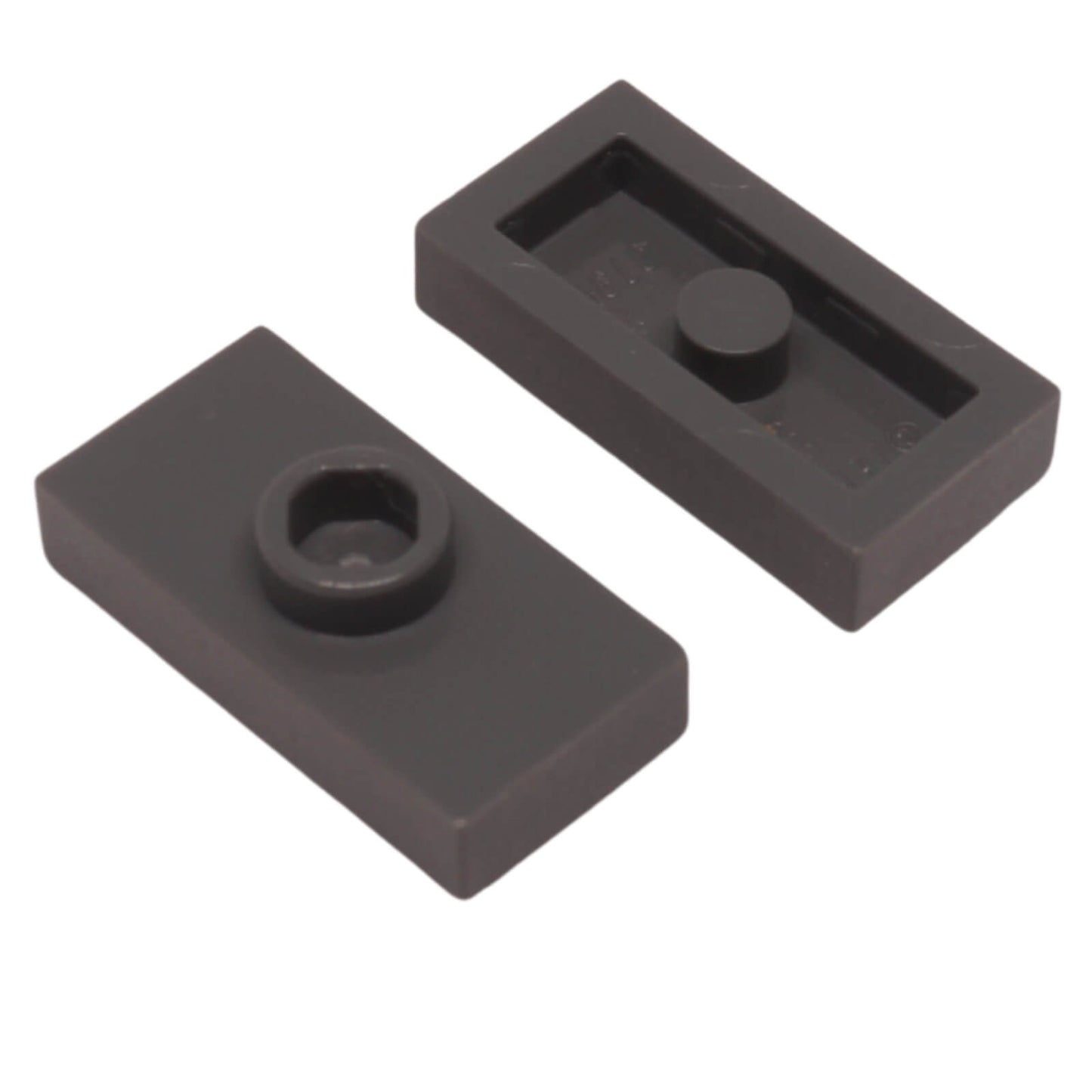 LEGO Jumper Plate 1 x 2 part 3794a with centered stud, recessed underside and no groove edge dark gray