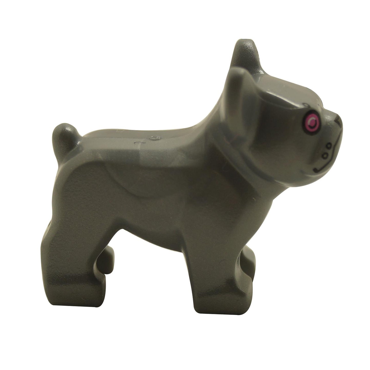 LEGO® Friends robot French Bulldog figure in flat silver with dark pink eyes and mechanical-style face print, side view