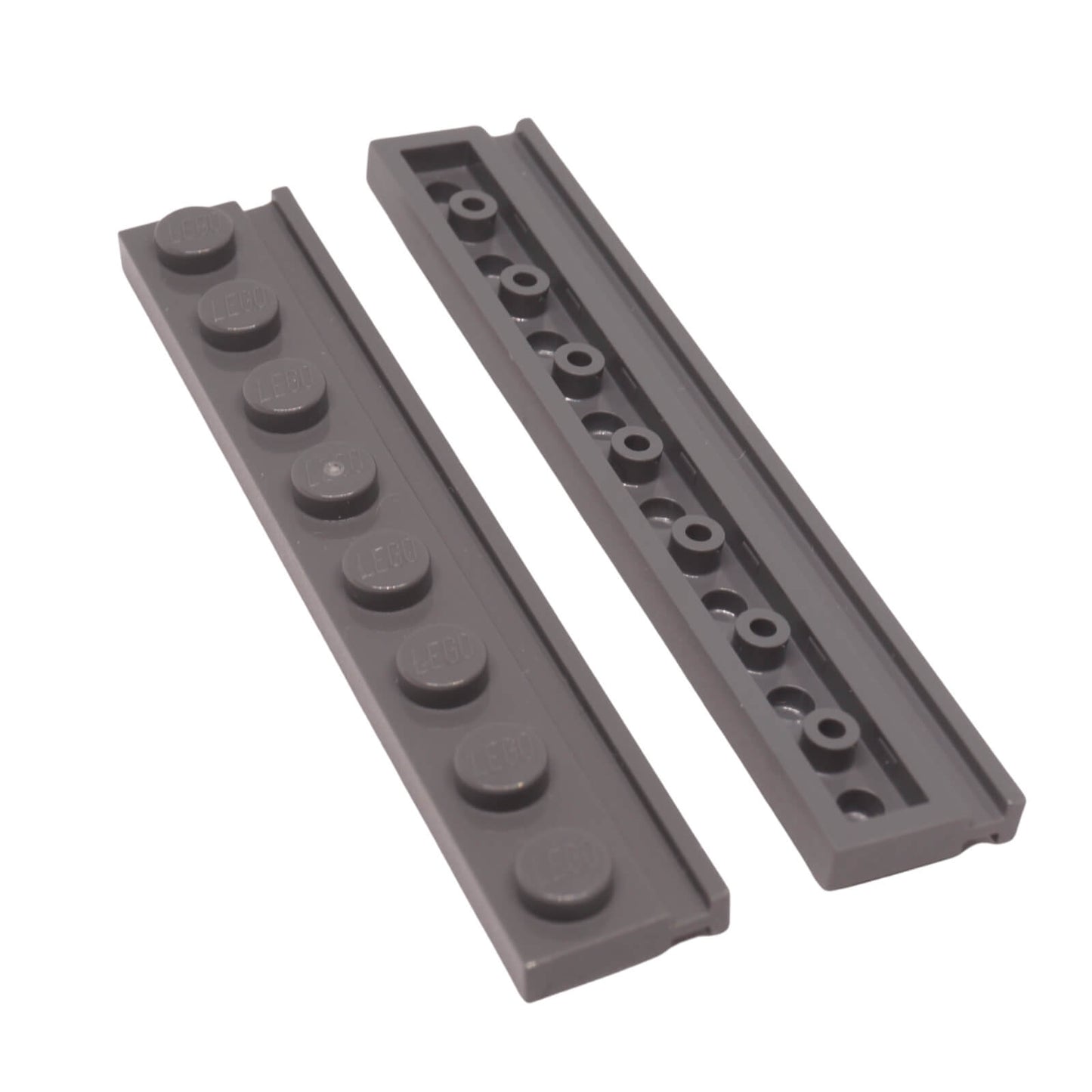 LEGO® modified plate 4510 1 x 8 with door rail and underside tube connections dark gray