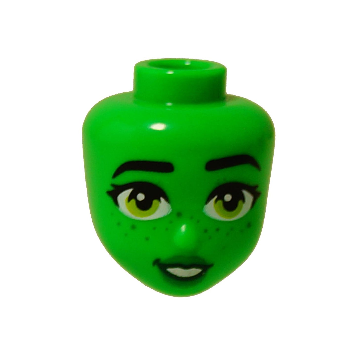 Bright green LEGO® mini-doll head (109876) featuring lime-green eyes, freckles, and a smiling expression.