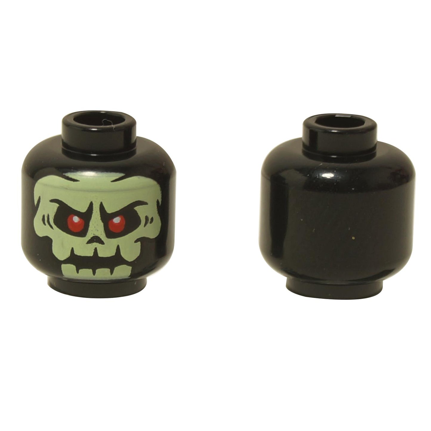 Front and back views of the LEGO® minifigure head (3626pb3198) in black, featuring a yellowish green alien skull design with glowing red eyes and menacing expression.
