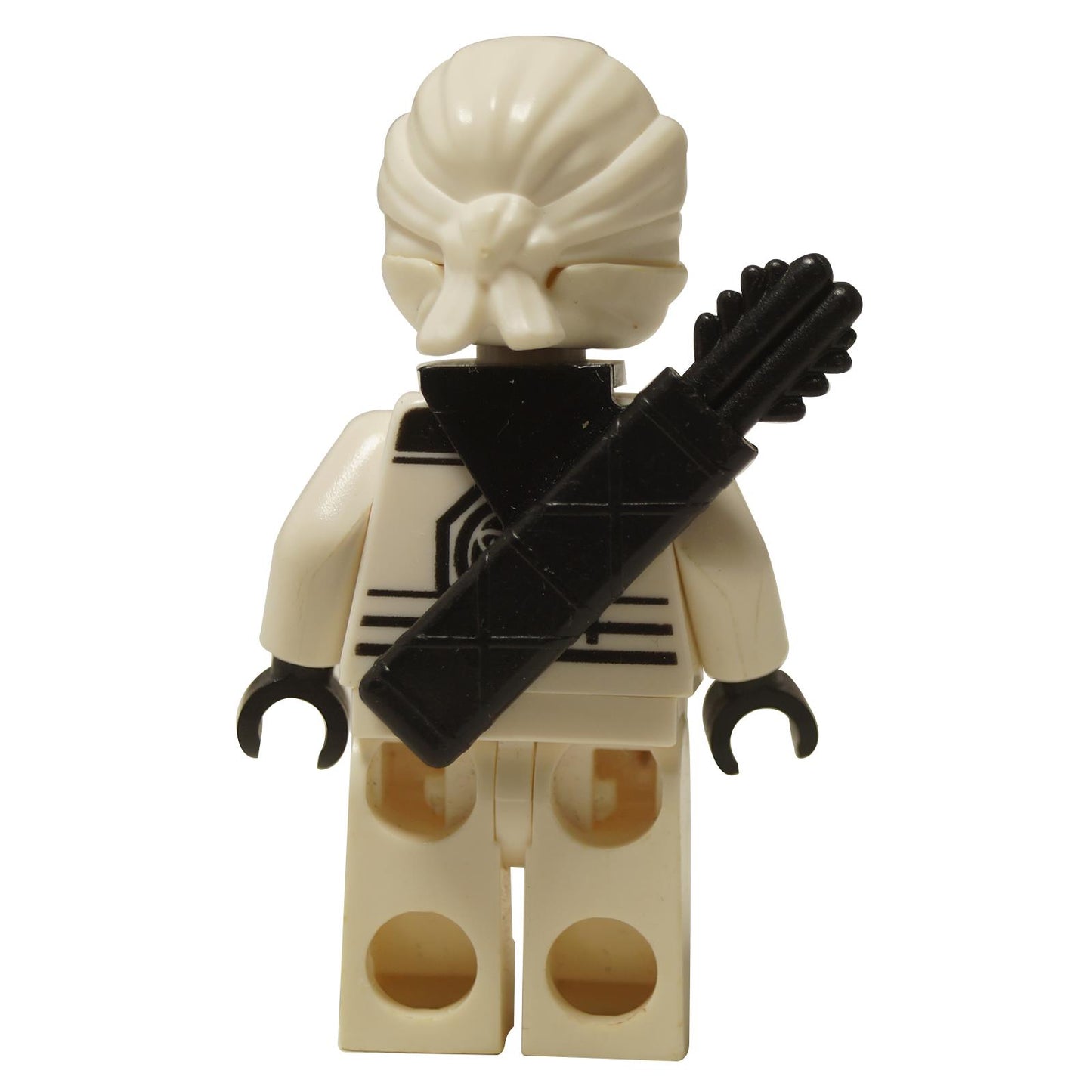 LEGO® NINJAGO® Movie Zane minifigure (njo0318) back view with black quiver and white ninja hood tied at the back.