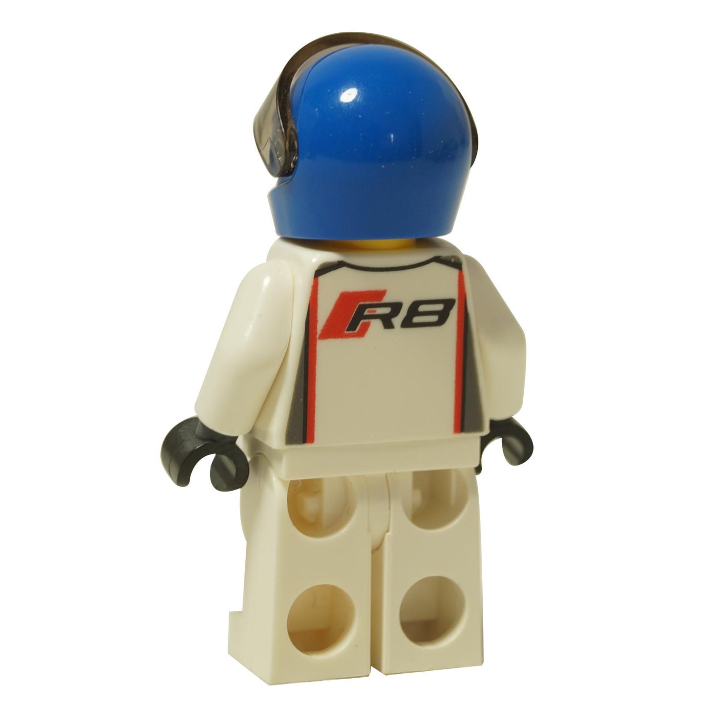 LEGO® Speed Champions Audi R8 Race Driver minifigure (sc025) back view showing R8 logo and black gloves.