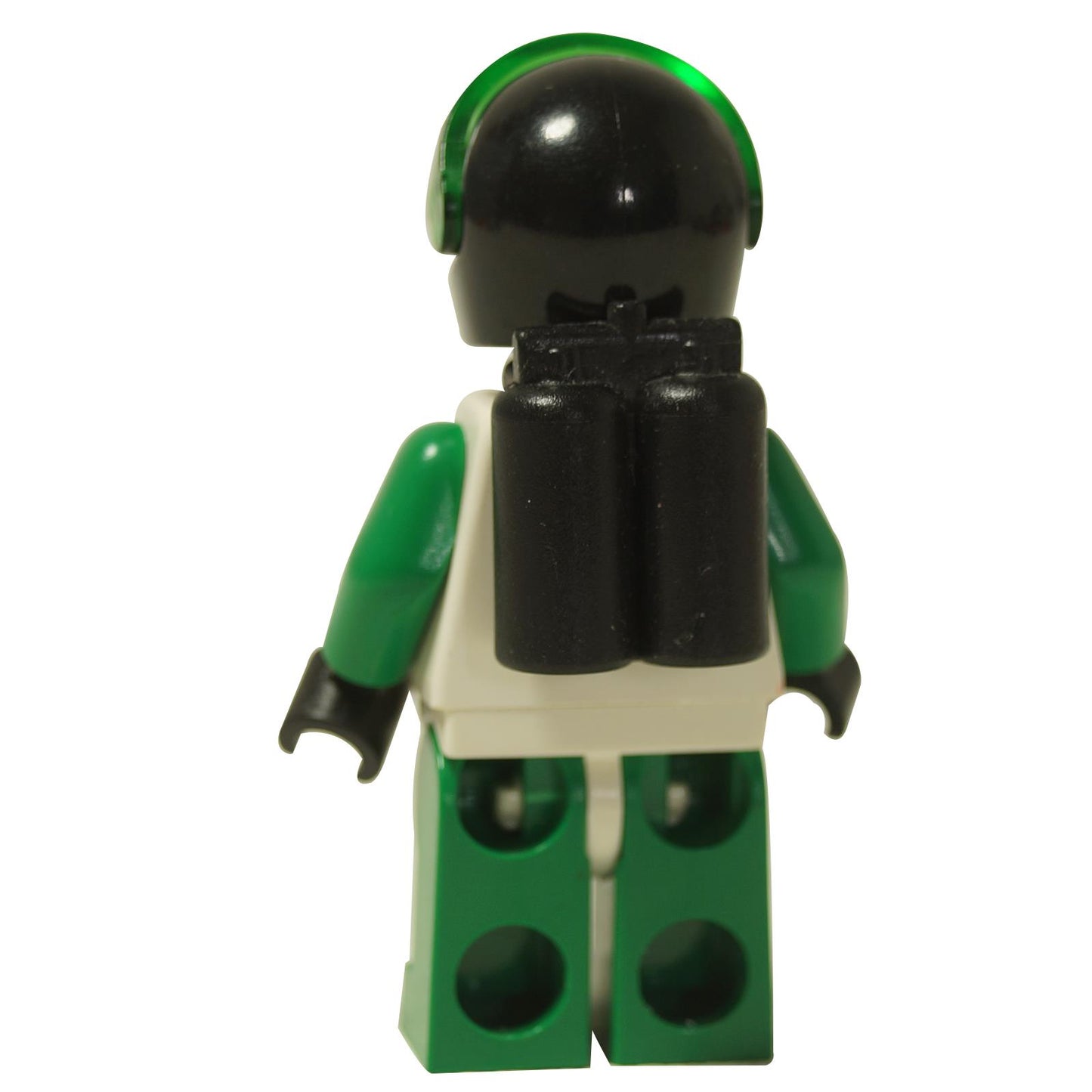 LEGO® Space Police II Officer minifigure (sp037) back view with black twin air tanks and green legs.