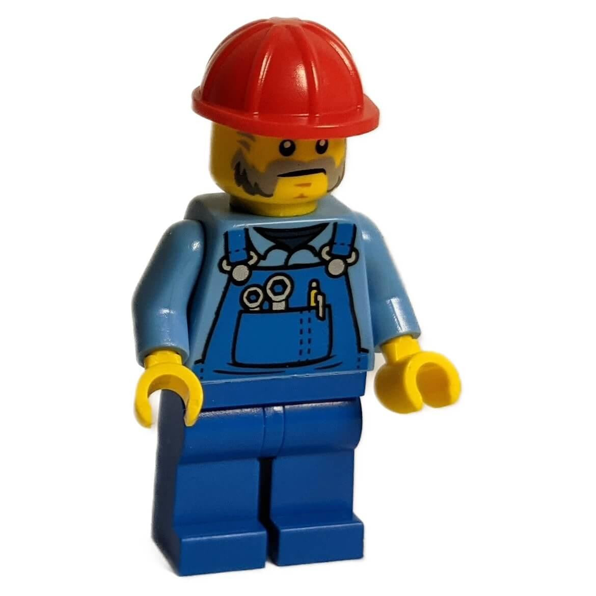 LEGO® technician minifigure wearing red hard hat, blue overalls with printed tools, and blue legs