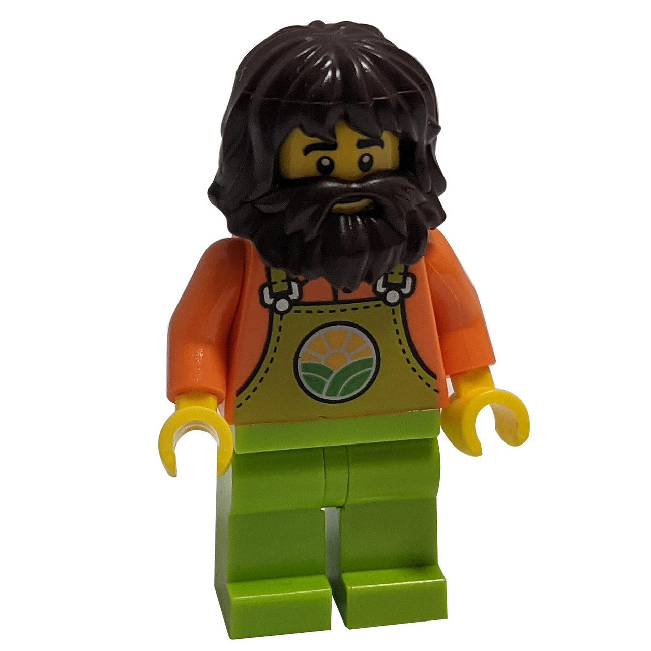 Agricultor com macacão verde-limão, cabelo castanho-escuro desgrenhado e barba