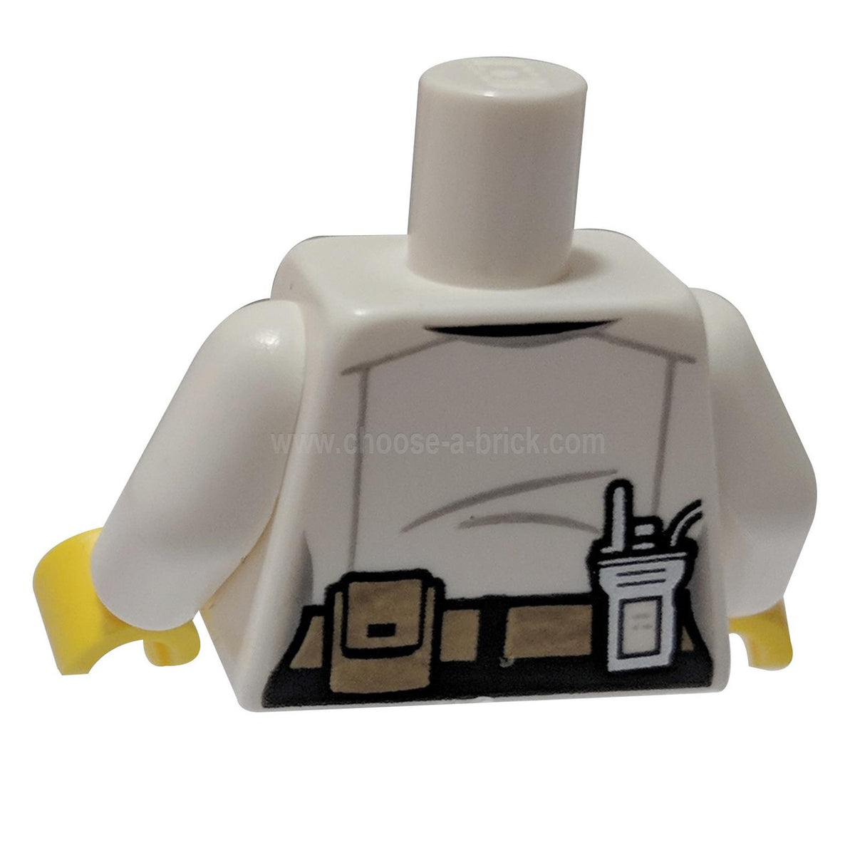 Back of white LEGO torso 973pb3394c01 with belt, pouch, and radio.
