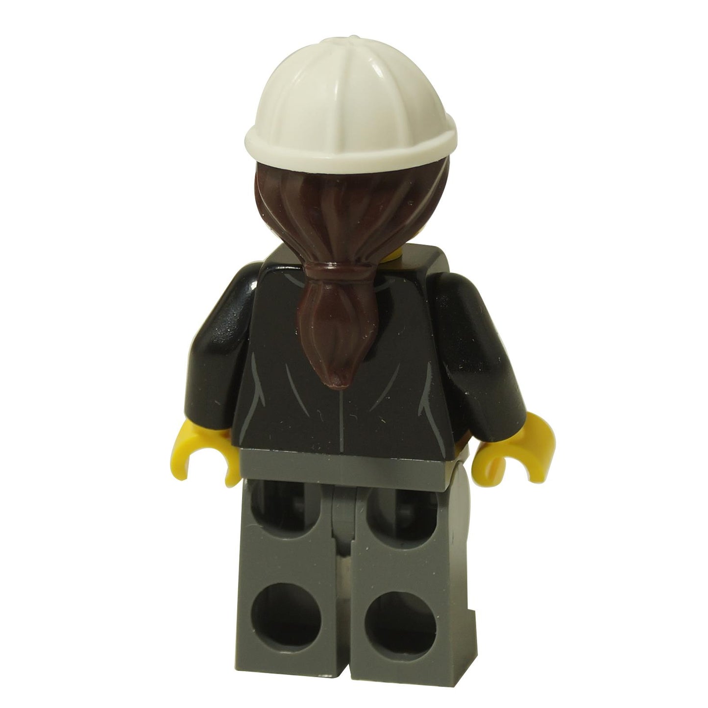 A LEGO Építőmérnök minifigura hátulnézeti képe, amelyen a sötétbarna lófarok és a fekete dzseki nyomtatási részlete látható.