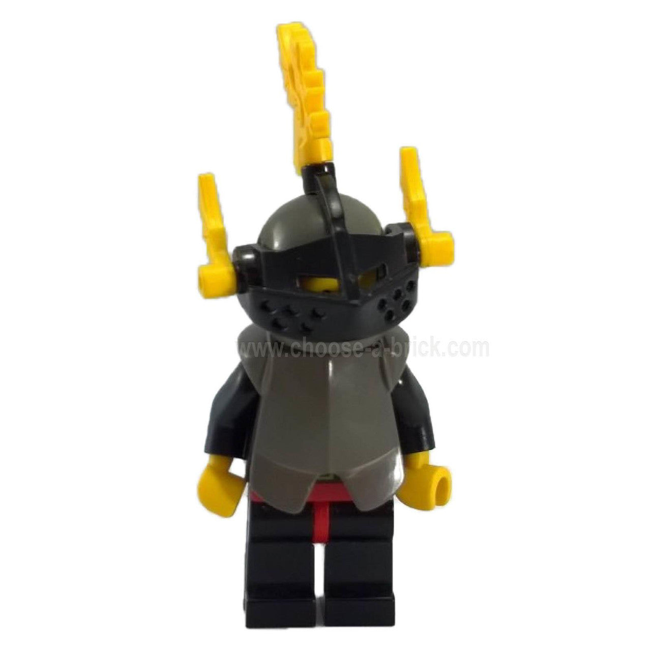 Minifigura LEGO de caballero, vista frontal, armadura gris y plumas amarillas.