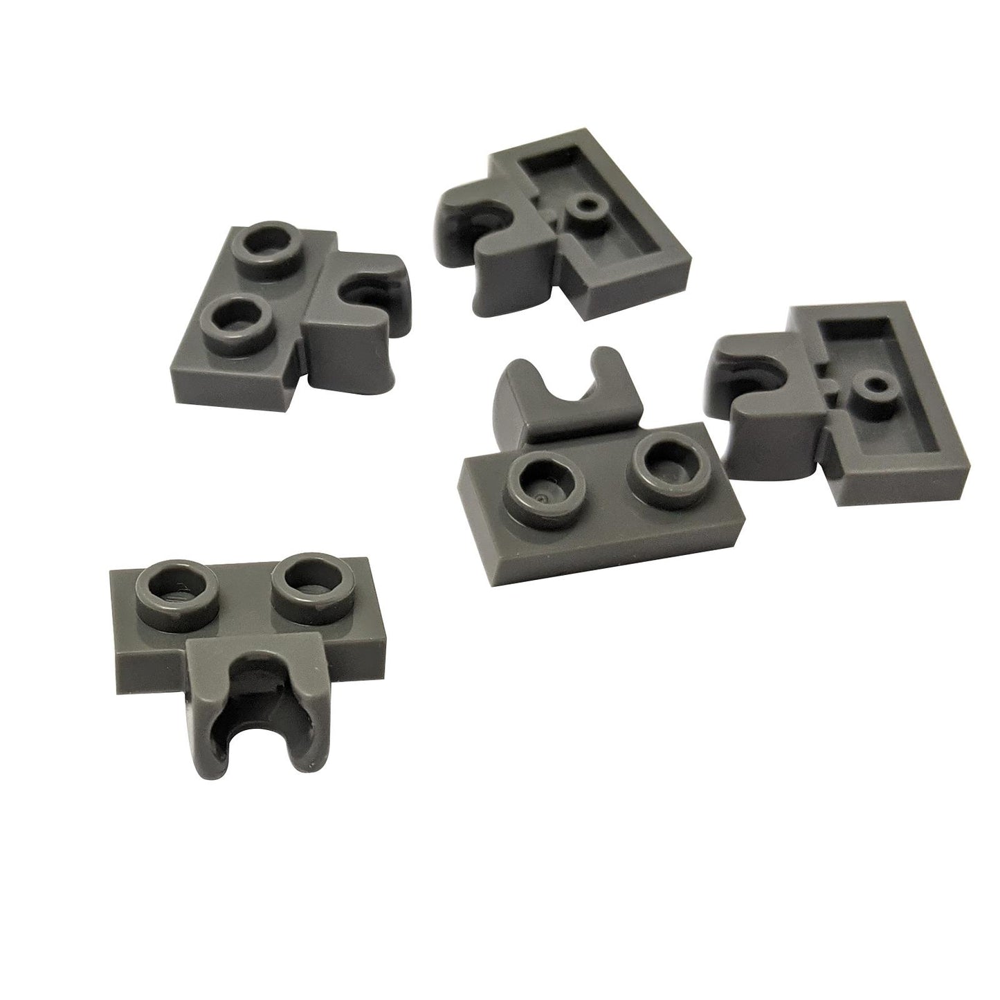 Five dark gray LEGO 1 x 2 plates with small towball socket 14704.