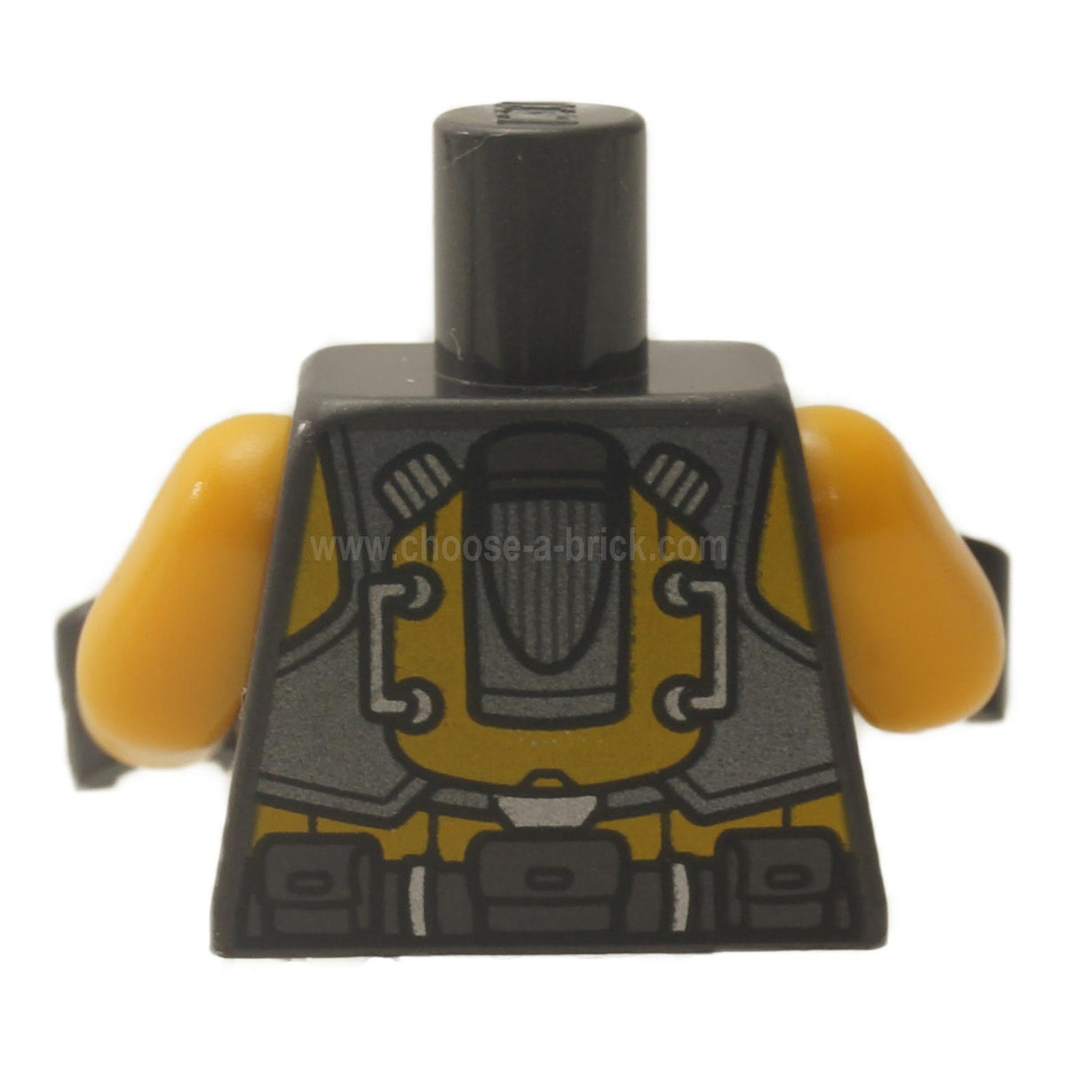 LEGO torso 973pb3810c01, pearl dark gray with orange arms and AIM armor print.