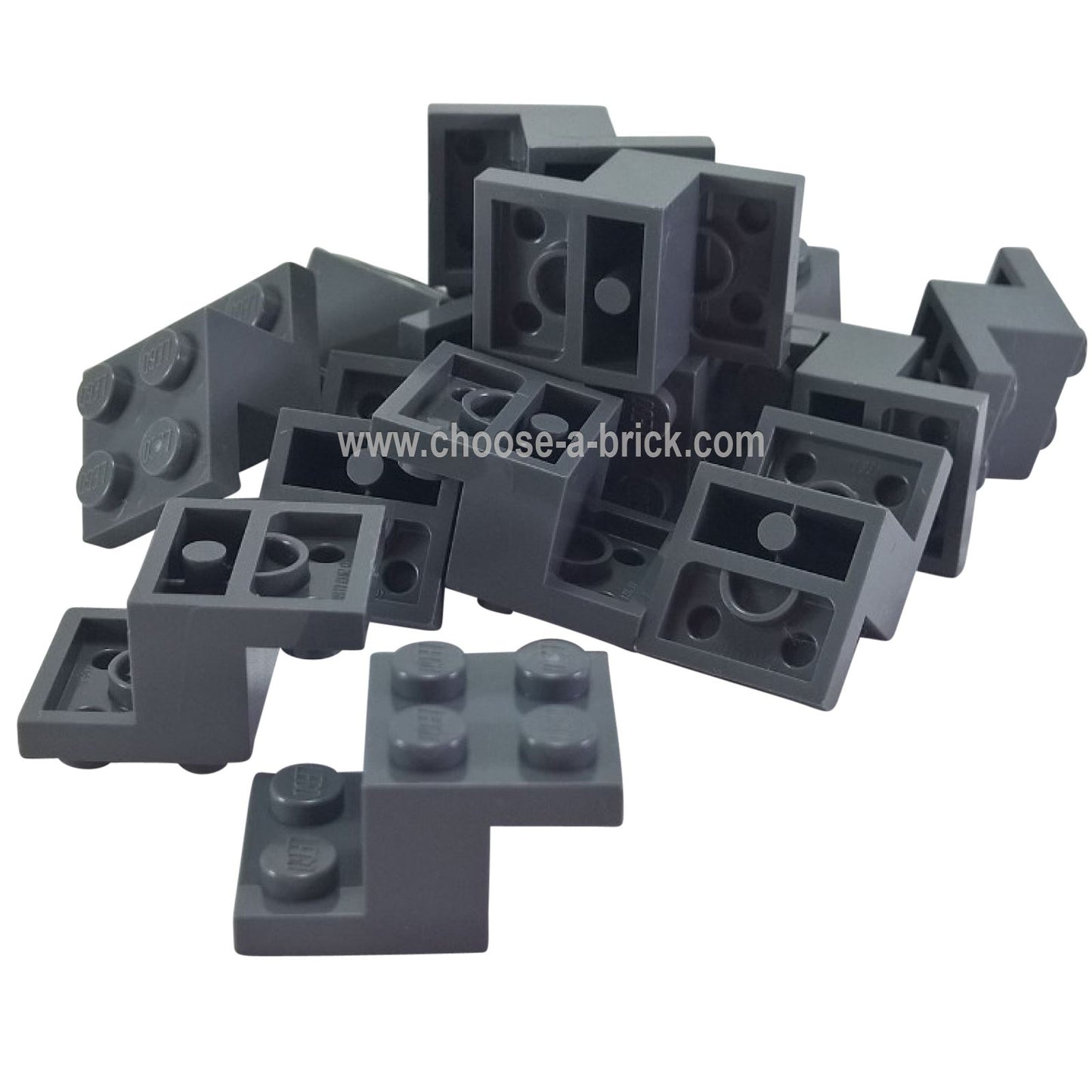 Pile of dark grey LEGO Bracket 3 x 2 x 1 1/3 pieces, front view.