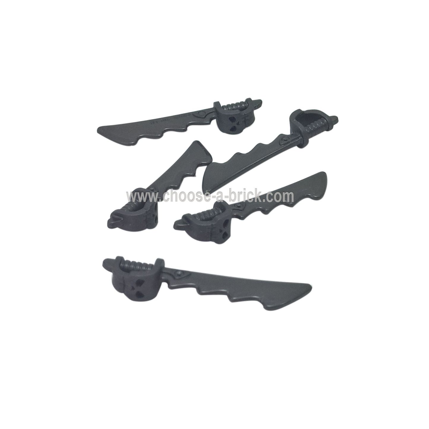 Five dark gray serrated cutlass swords 23984 with skull hand guards.