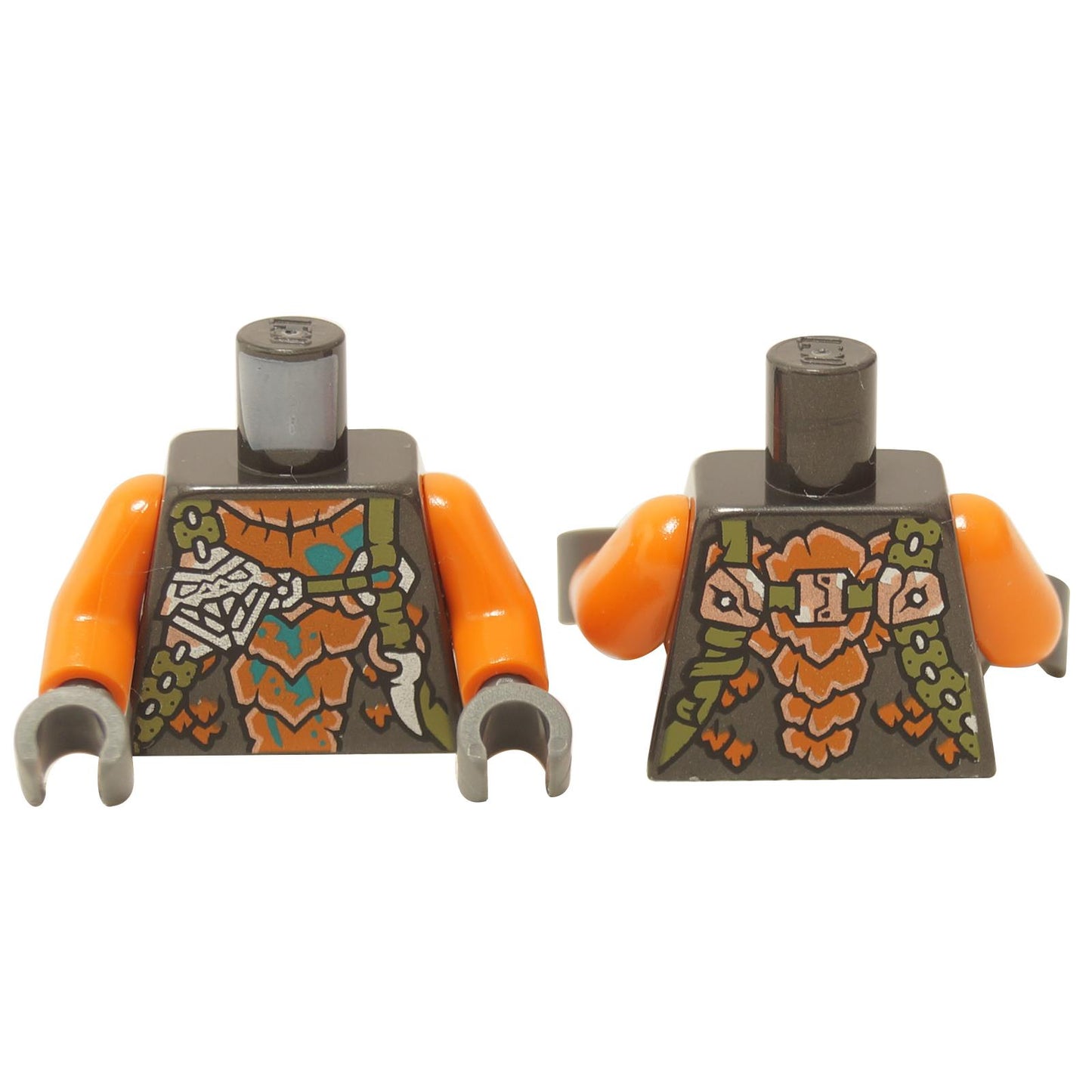 Front and back views of the LEGO® minifigure torso (973pb4542c01) featuring an orange breastplate with a silver snake head and tooth, olive green straps, dark turquoise spots, and bright orange arms.