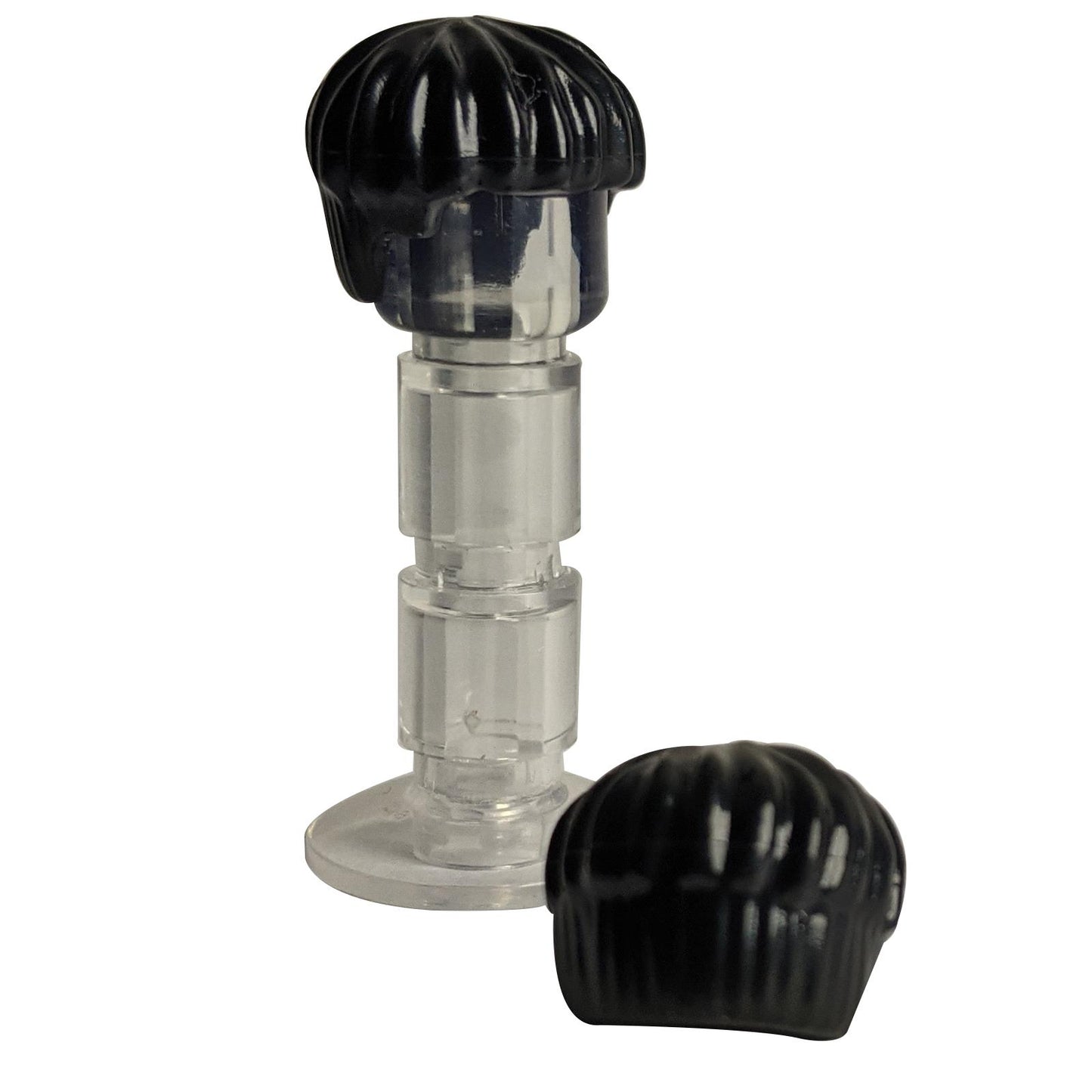 Black short bowl cut minifigure hair x219 on a clear stand.