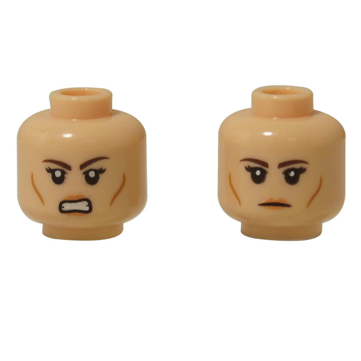 Front and alternate side views of the LEGO® minifigure head (3626pb3874) featuring a dual-sided female face with neutral and angry expressions, black eyebrows, and subtle cheek detailing.