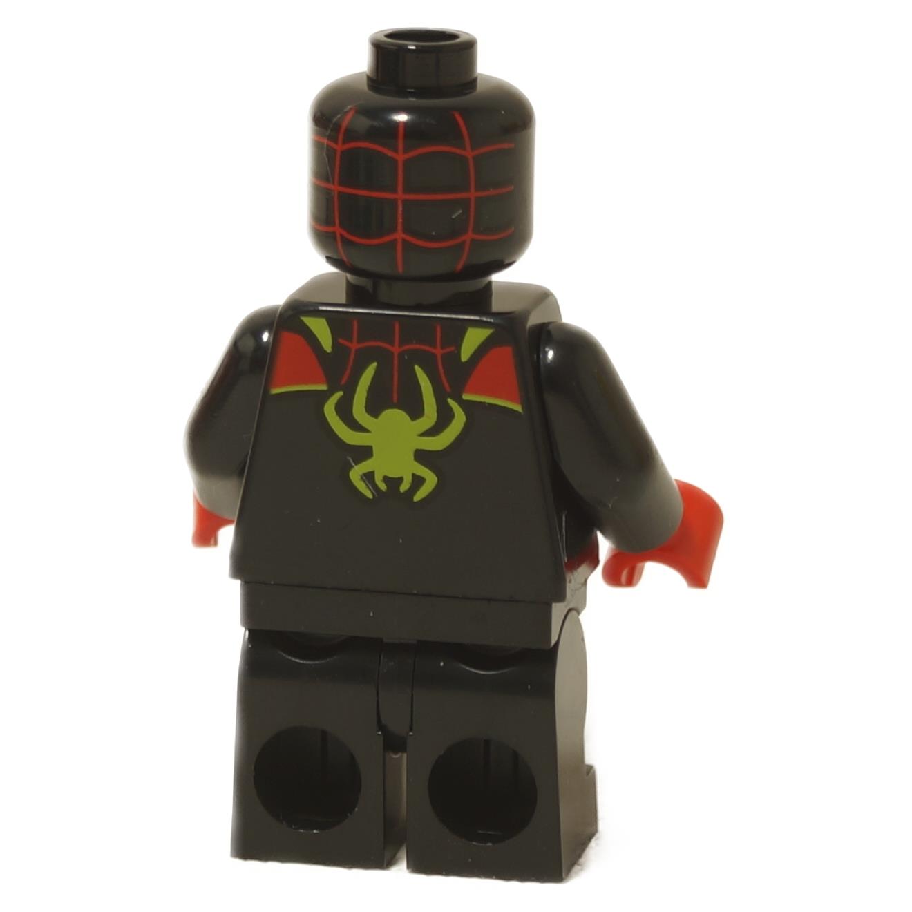 LEGO® Marvel Miles Morales minifigure back view showing lime spider emblem on black torso.