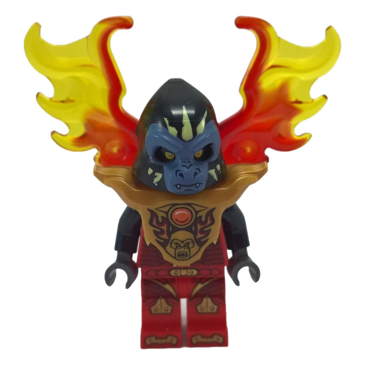 LEGO® Minifigurka Legends of Chima Fire Gorzan s plamenými křídly, červenou zbrojí a modrým potiskem obličeje.