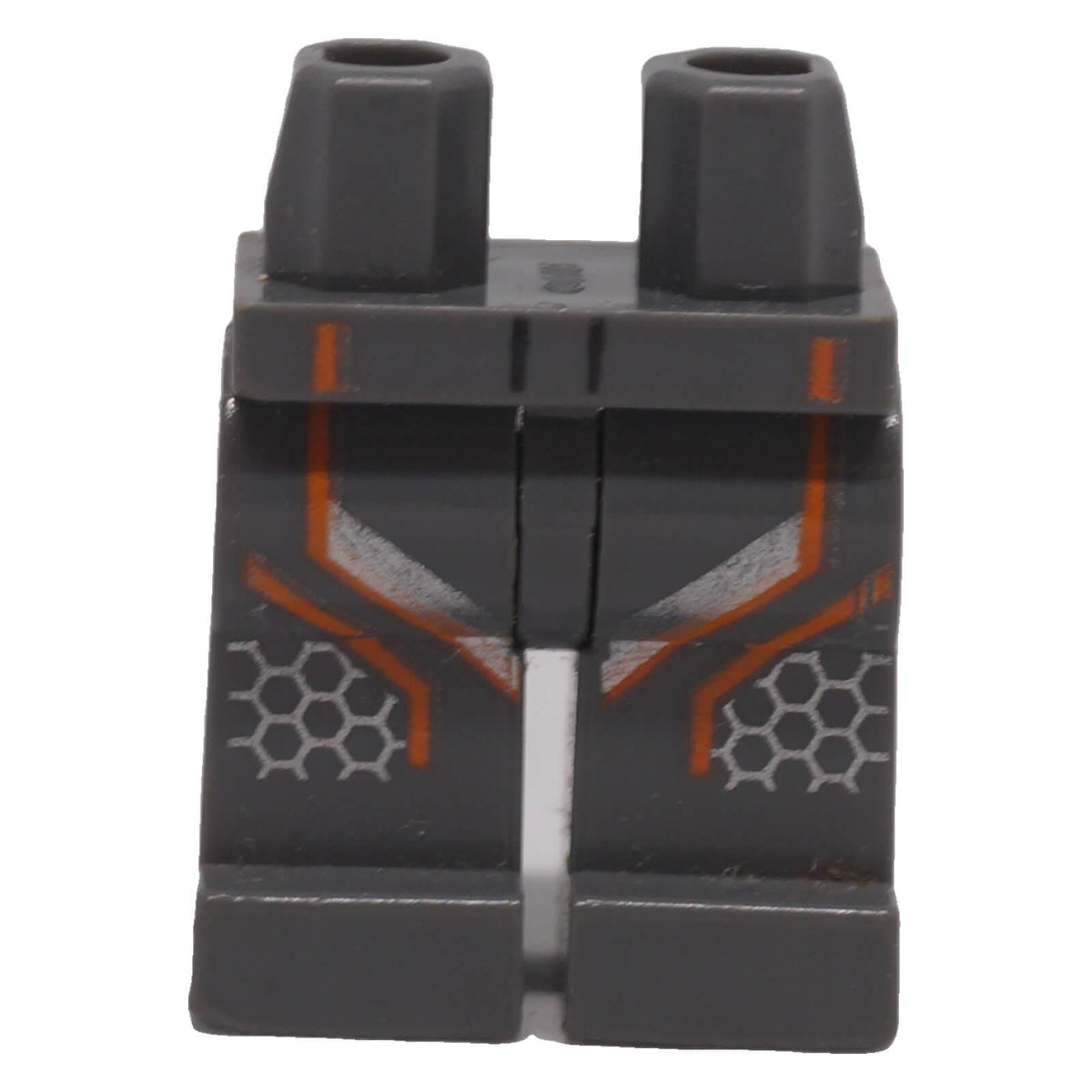 Dark bluish gray LEGO® minifigure hips and legs with orange and silver racing suit print