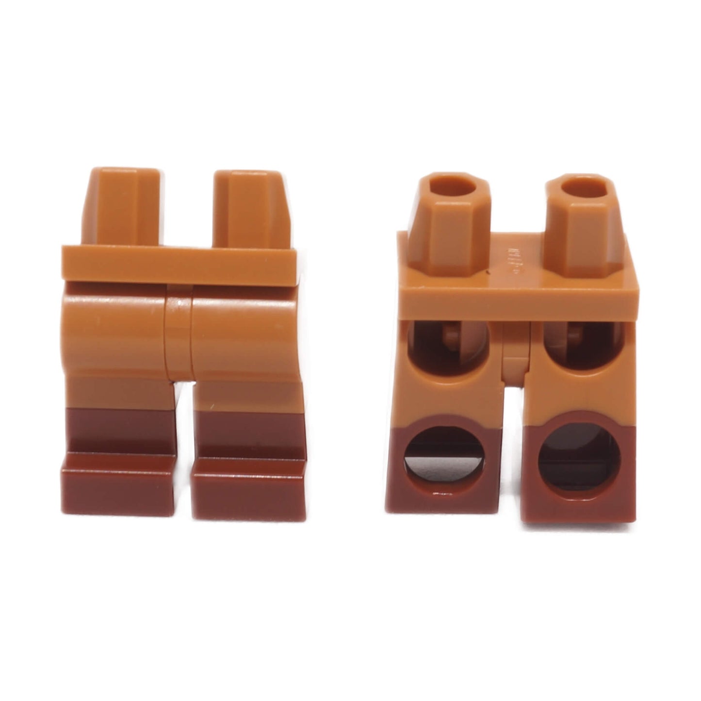 Dual molded minifigure legs with reddish brown boot-style lower legs and medium nougat upper legs