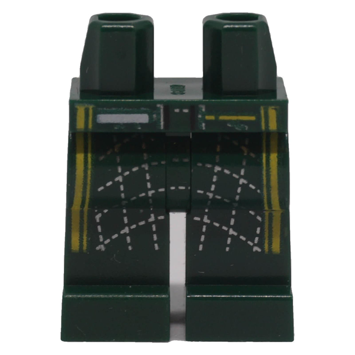 Dark green LEGO® minifigure legs with silver stitching and yellow racing stripes