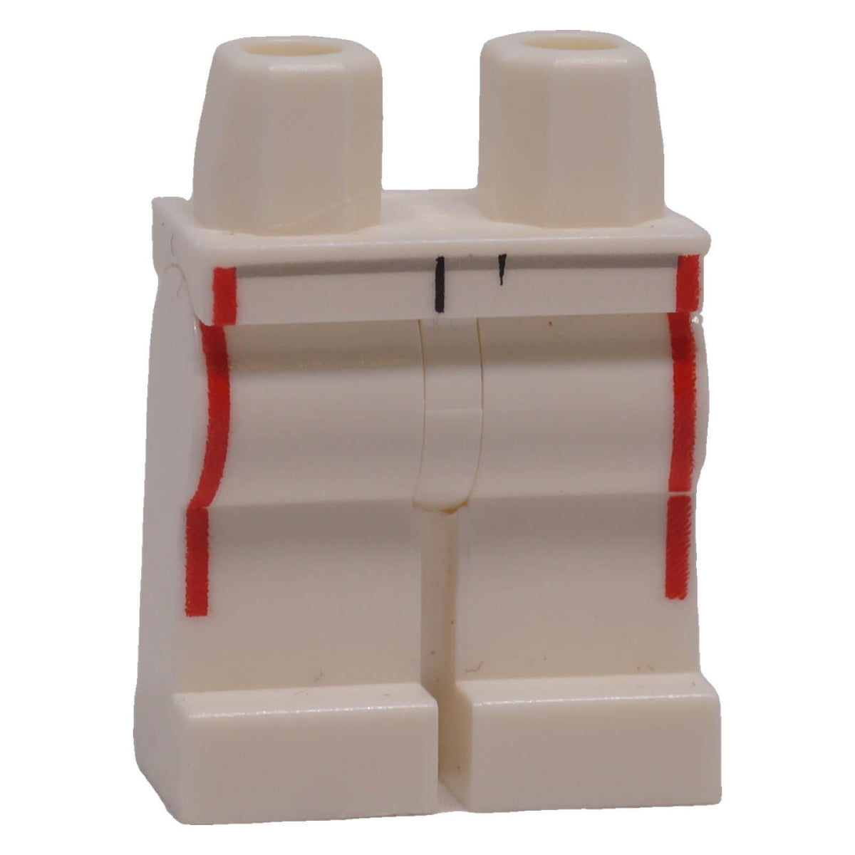 White LEGO® minifigure racing suit hips and legs with red stripes, front view